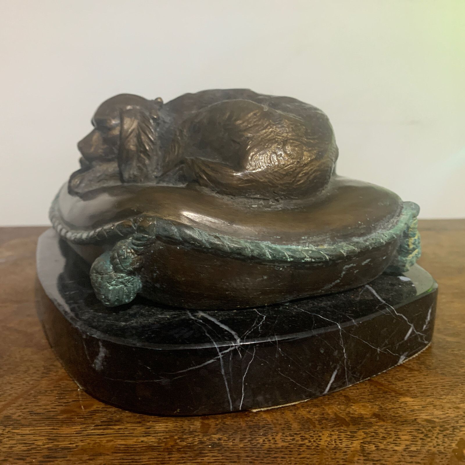 French Art Deco Bronze Signed Bonheur Spaniel Dogs Sleeping In Basket photo Art