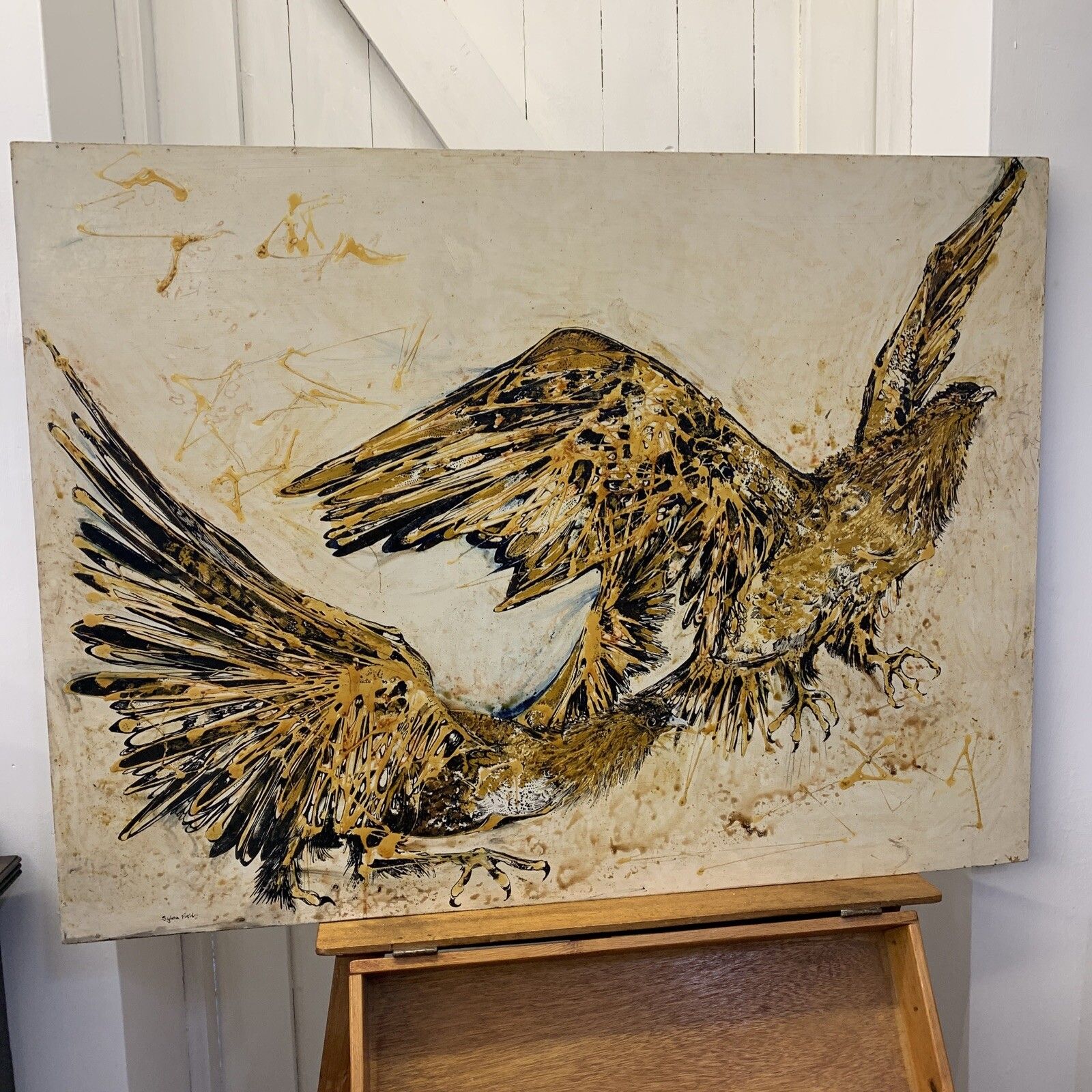 Vintage Original Signed Painting By Sylvia Field Falcon /  Kestrel 92 By 69cm