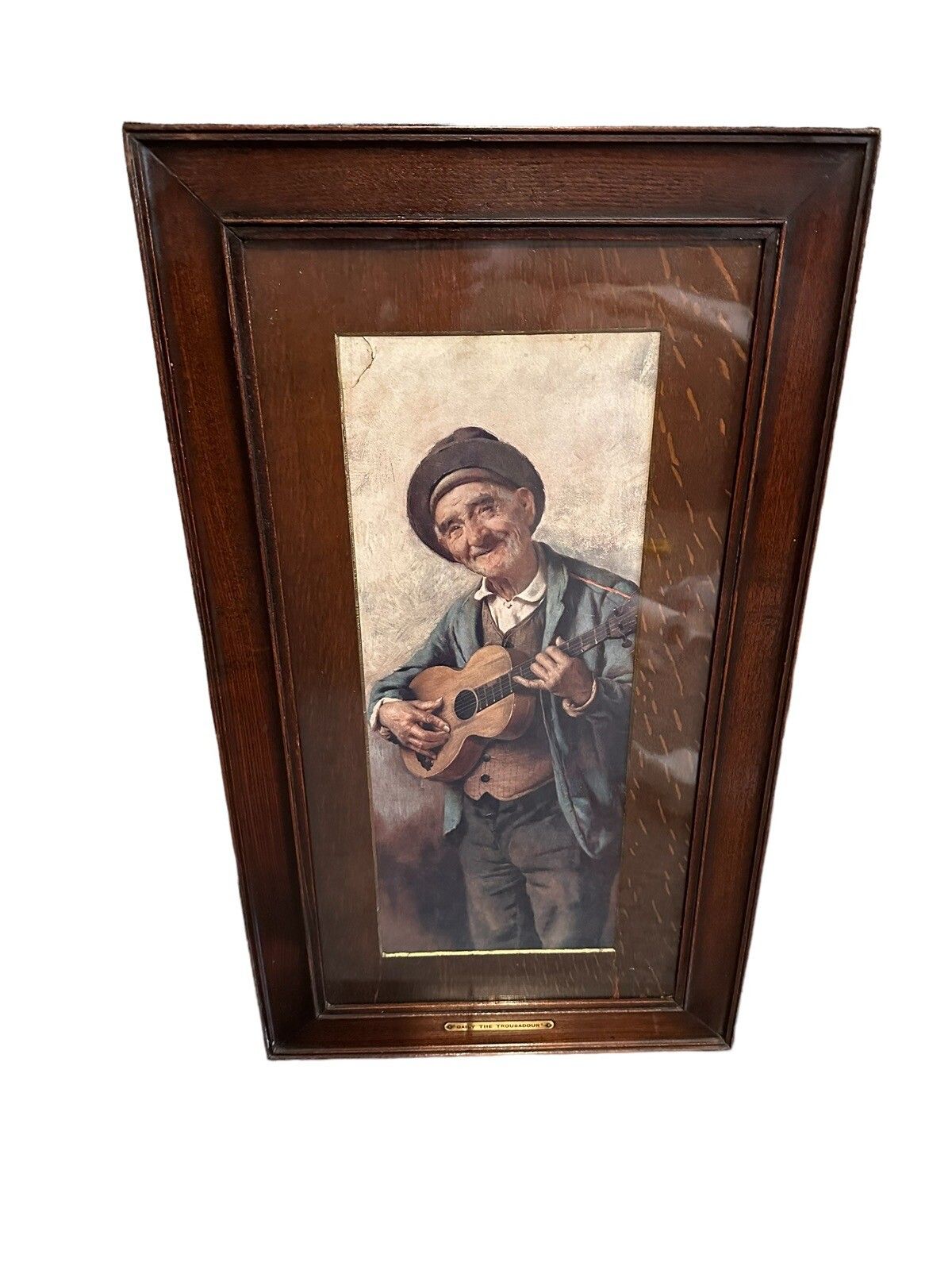 Antique 19th Century Coloured Lithograph  Oak Framed Musician 65cm By 38cm