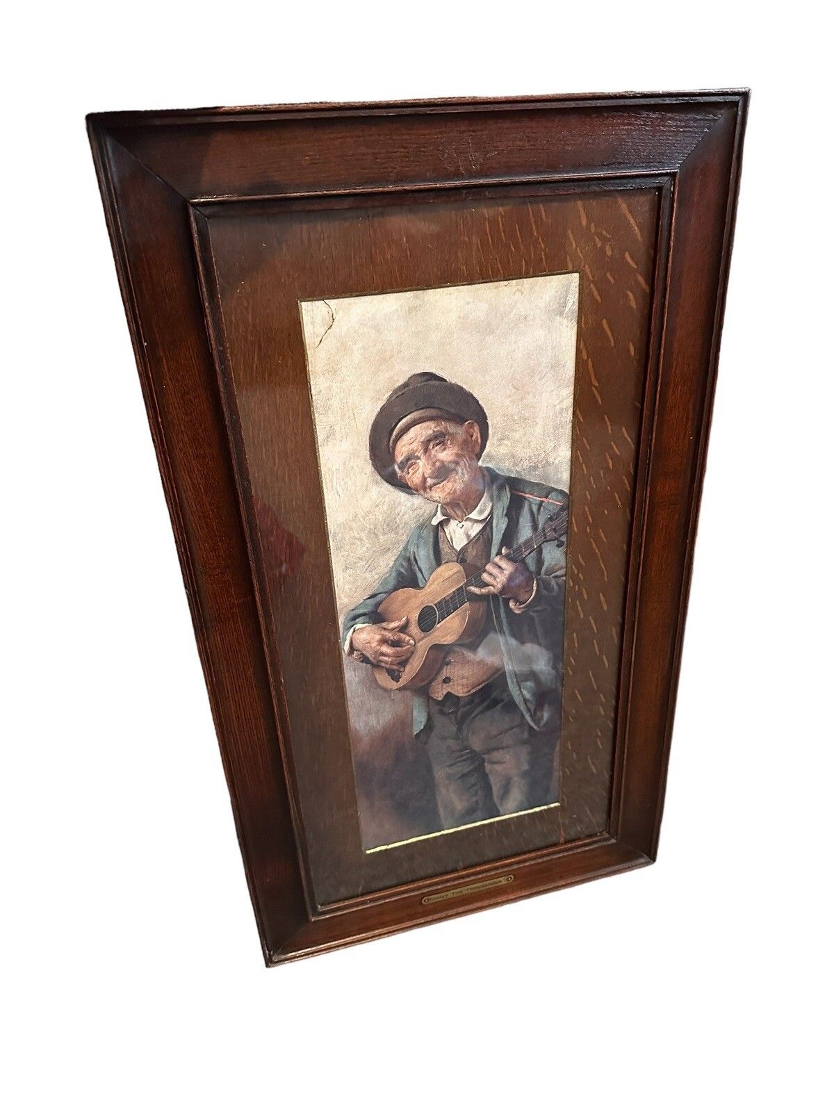 Antique 19th Century Coloured Lithograph  Oak Framed Musician 65cm By 38cm photo furniture