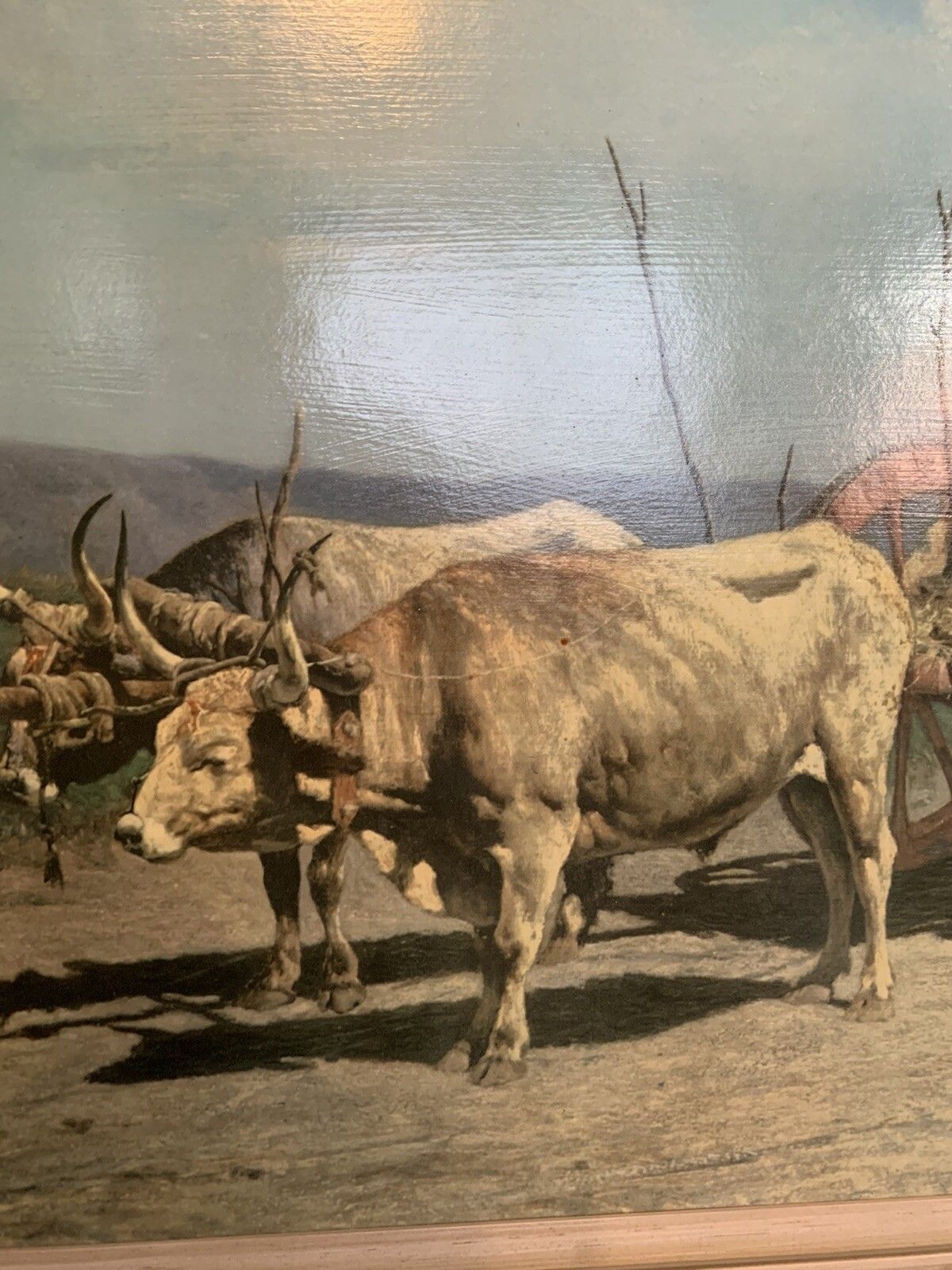 Mid Century Large Framed Print Painting Of Ox And Cart  110 Cm By 54cm photo for sale