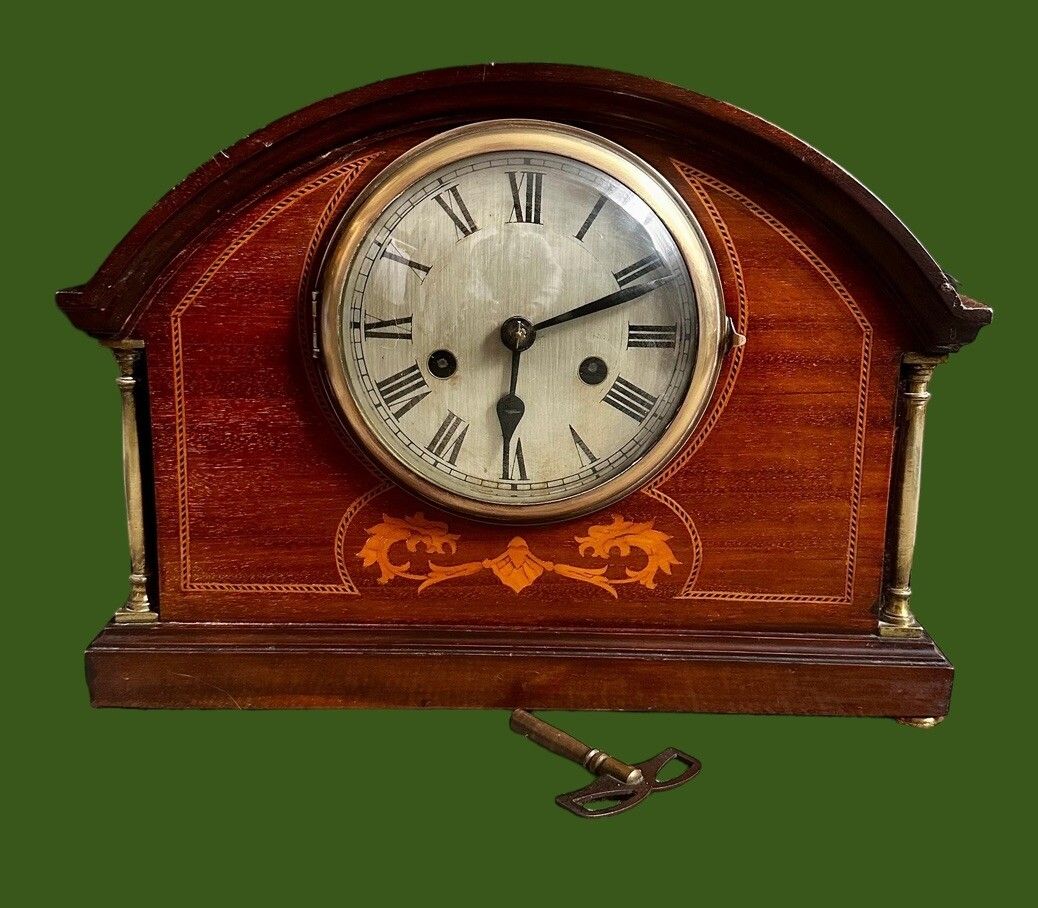 Beautiful Edwardian Mahogany Inlaid Striking Mantle Clock Large Mantle Clock photo furniture