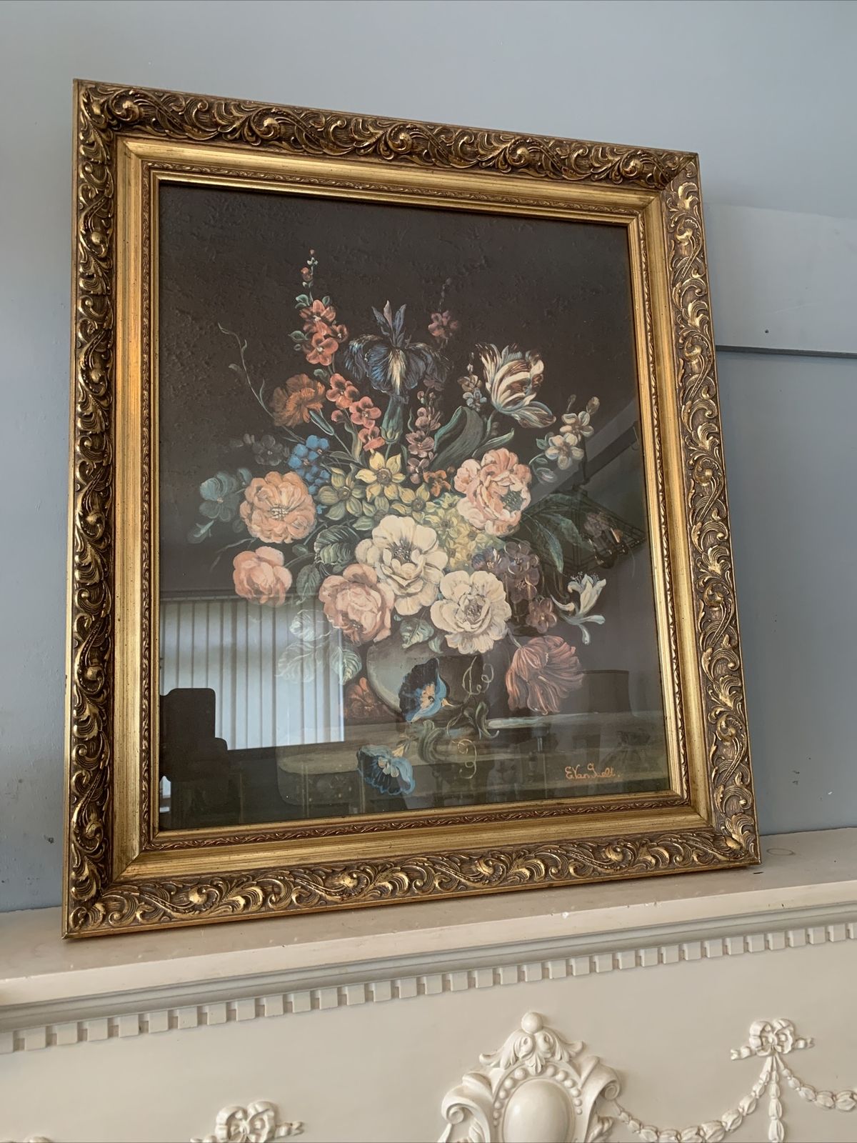 Vintage Mid Century Floral Print In Ornate Glass Frame By Dutch Painter