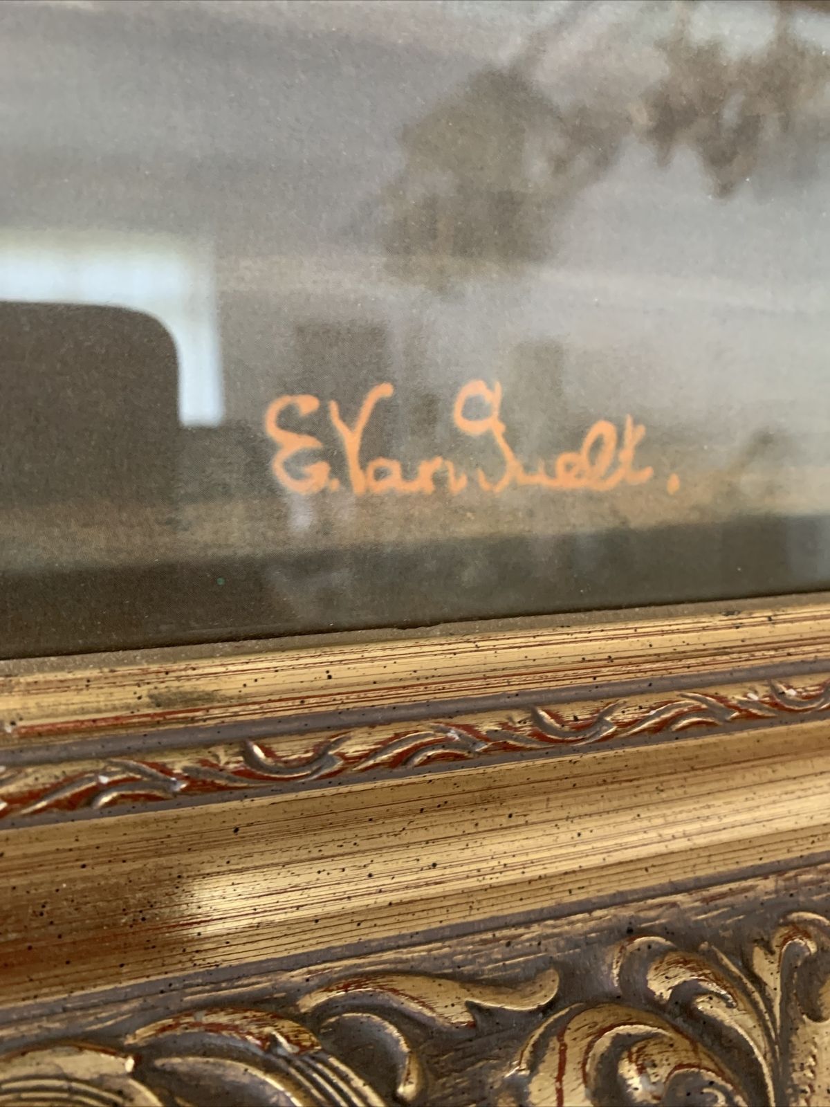 Vintage Mid Century Floral Print In Ornate Glass Frame By Dutch Painter photo for sale