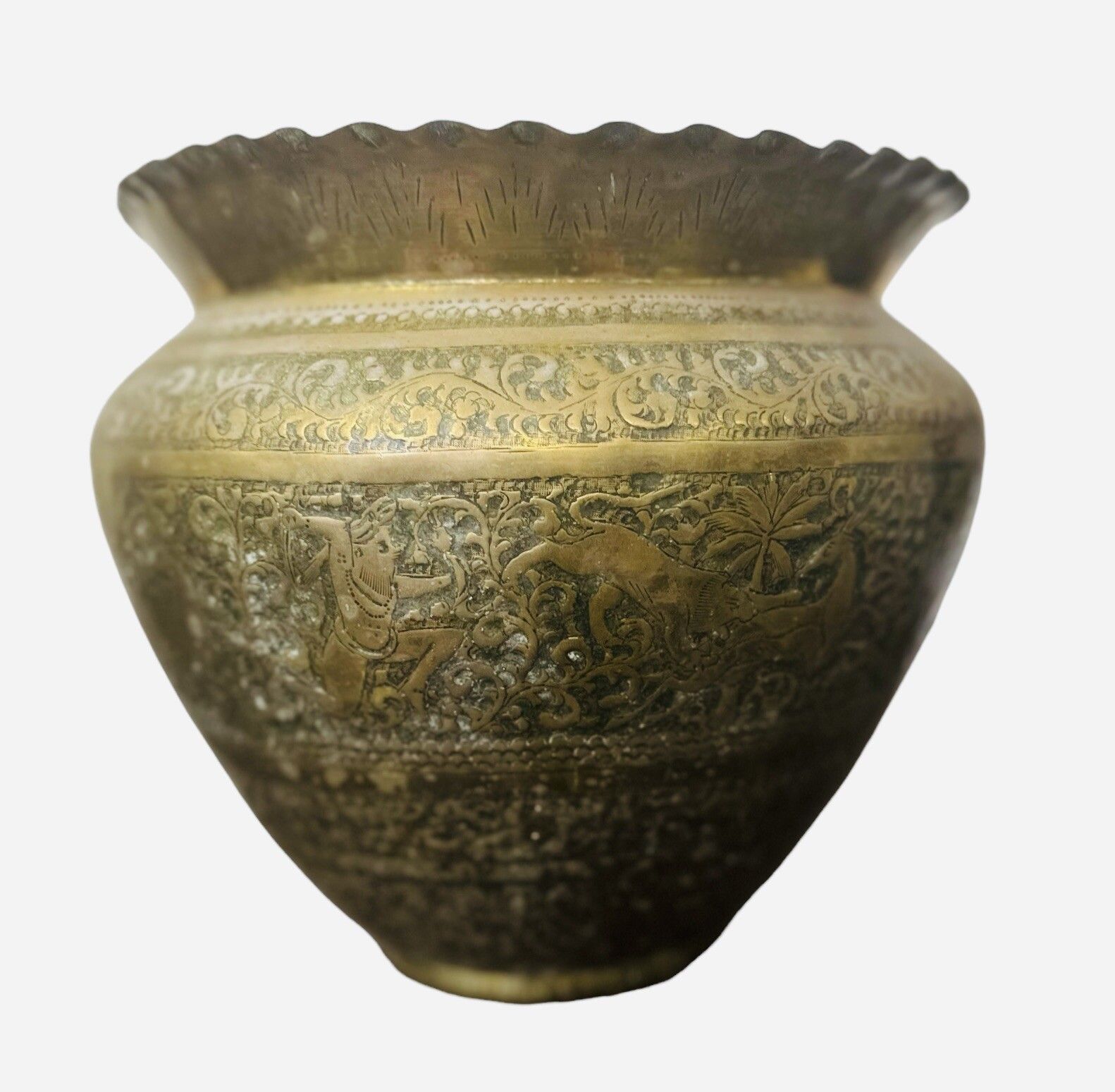 Antique 19th C Superb Fine Mameluk Brass Vessel Repousse Planter photo furniture
