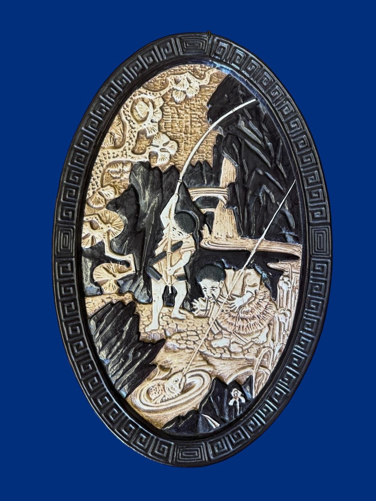 Antique Bretby Pottery Oval Oriental Japanese Pottery Wall Art Plaque...Gorgeous