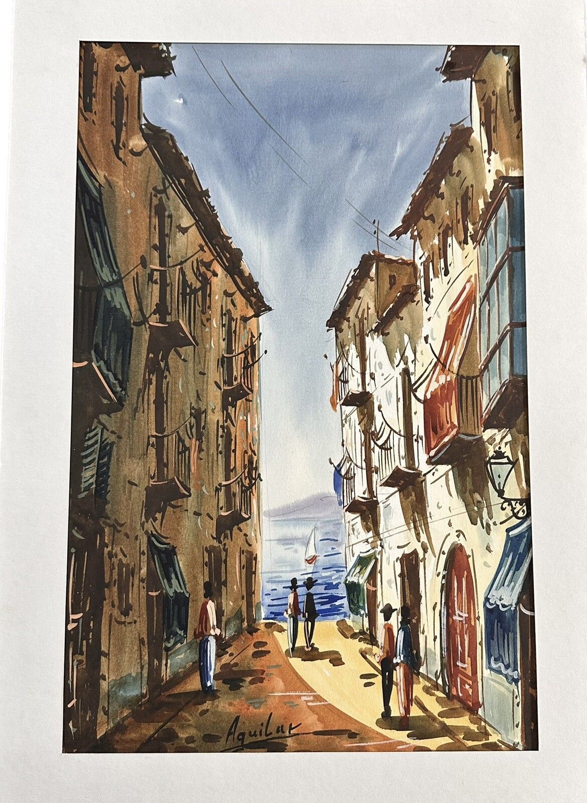Original Signed Watercolour By Jorge Aguilar Barcelona Street Scene