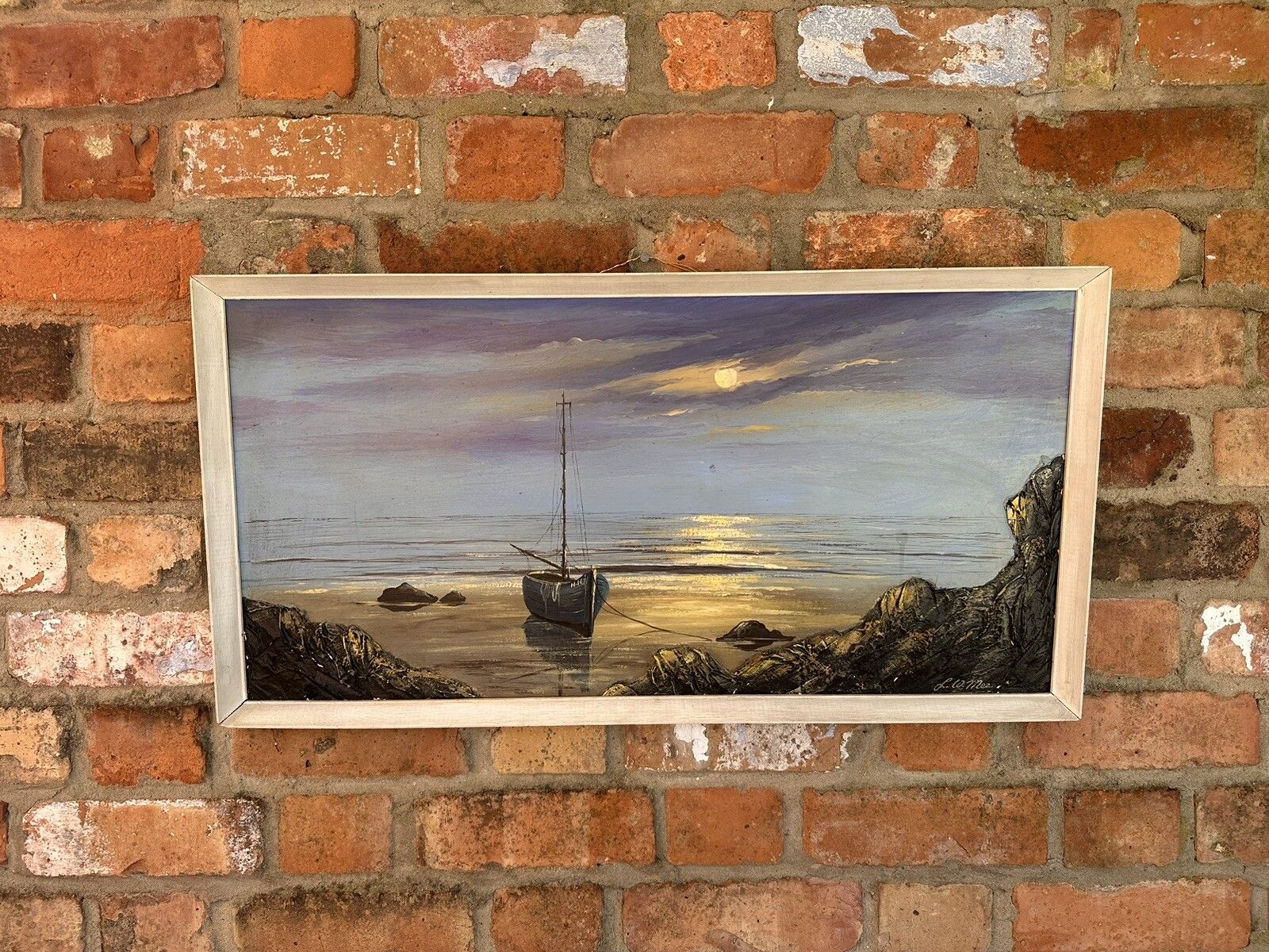 Mid Century Oil Painting  By L W Mee  Maritime Harbour Water Scene