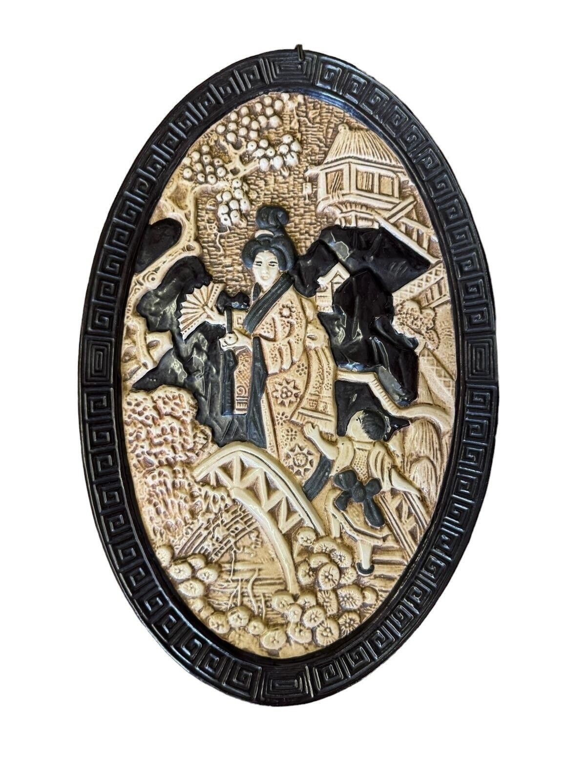 Antique Bretby Pottery Oval Oriental Japanese Pottery Wall Art Plaque...Gorgeous