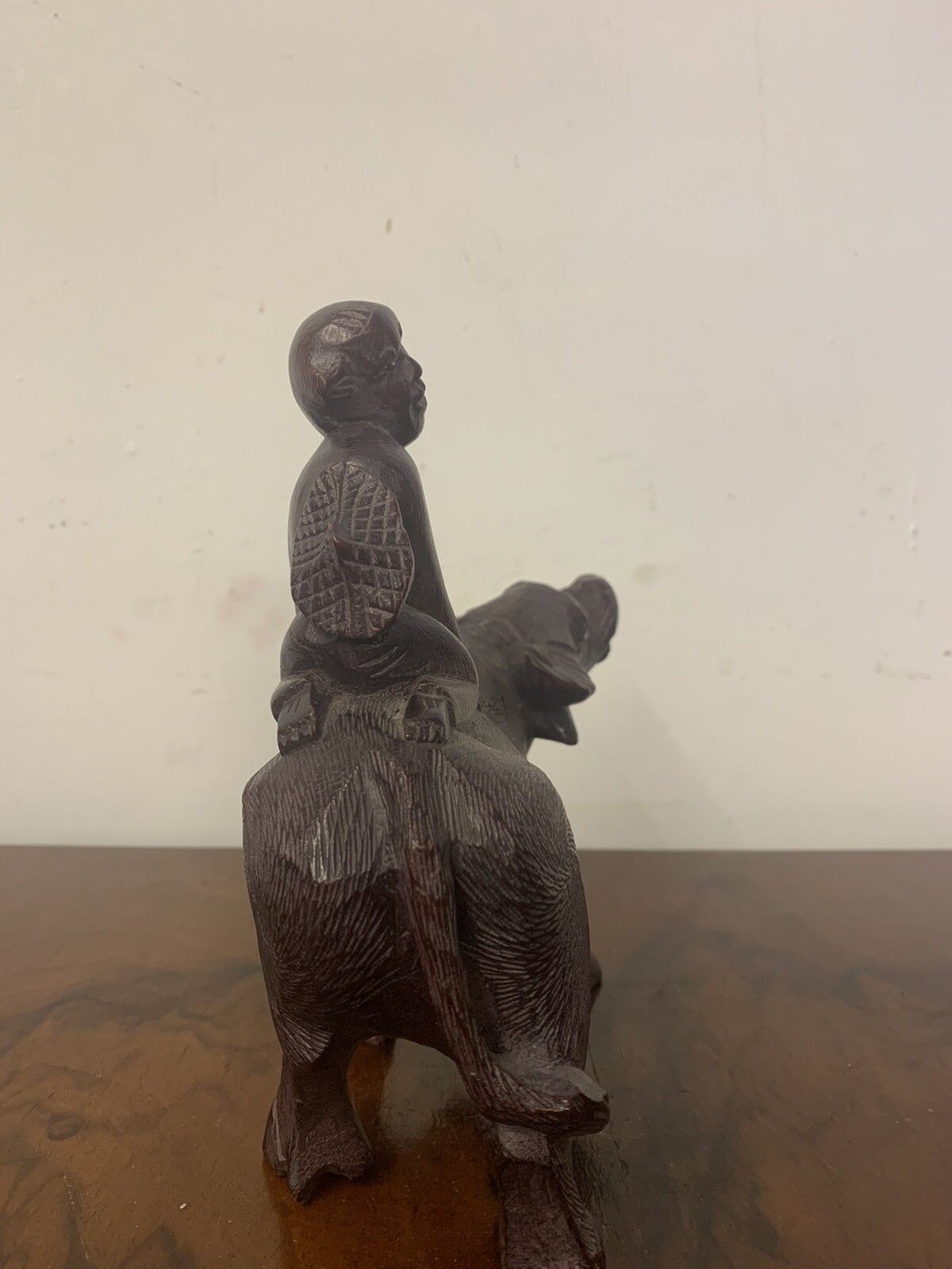 Vintage Asian Hand Carved Water Buffalo Wood Figure Statue Boy Ox Bull photo vinterior