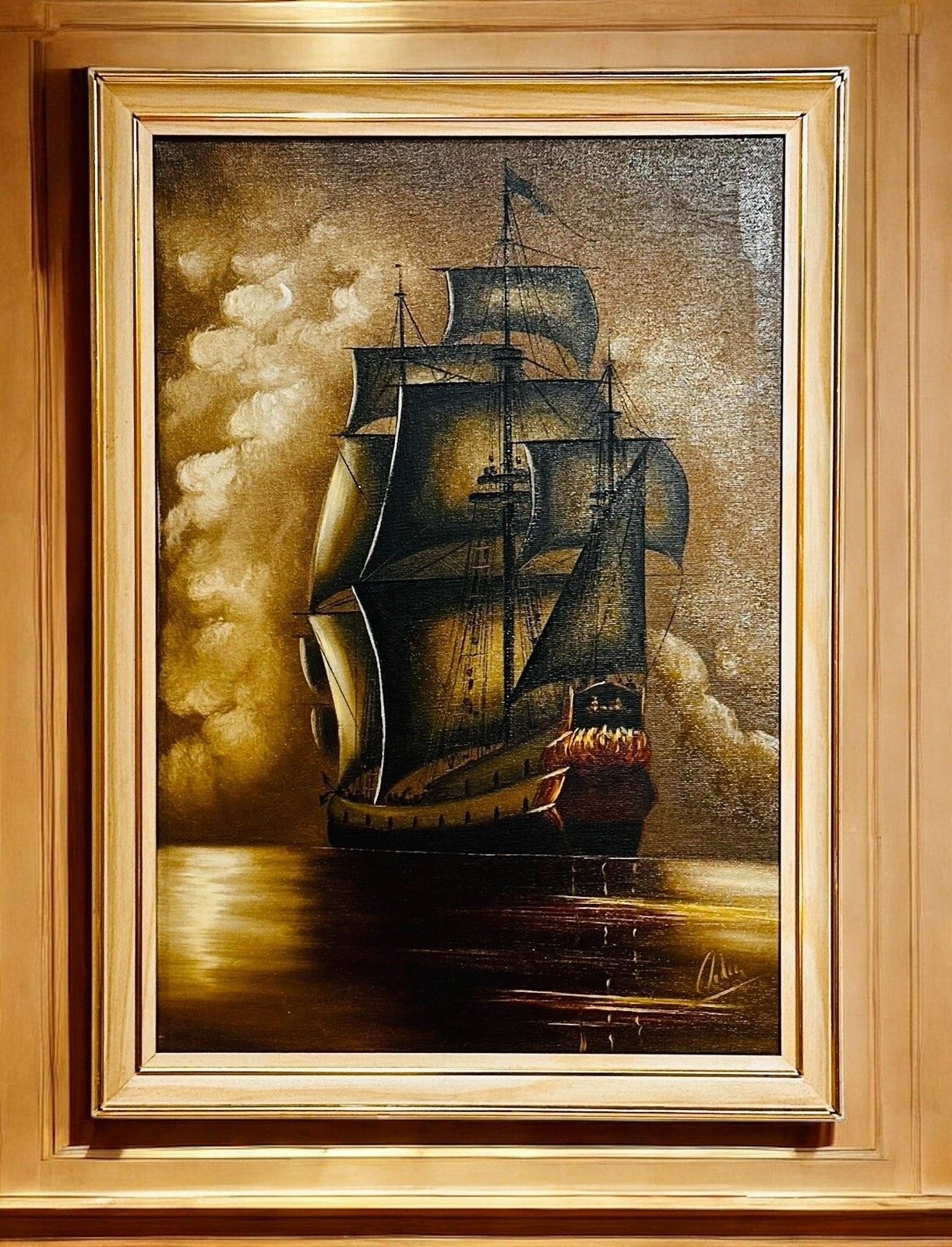 Mid Century Seascape Oil Painting Wood Frame, Signed By Artist Ship Maritime photo furniture