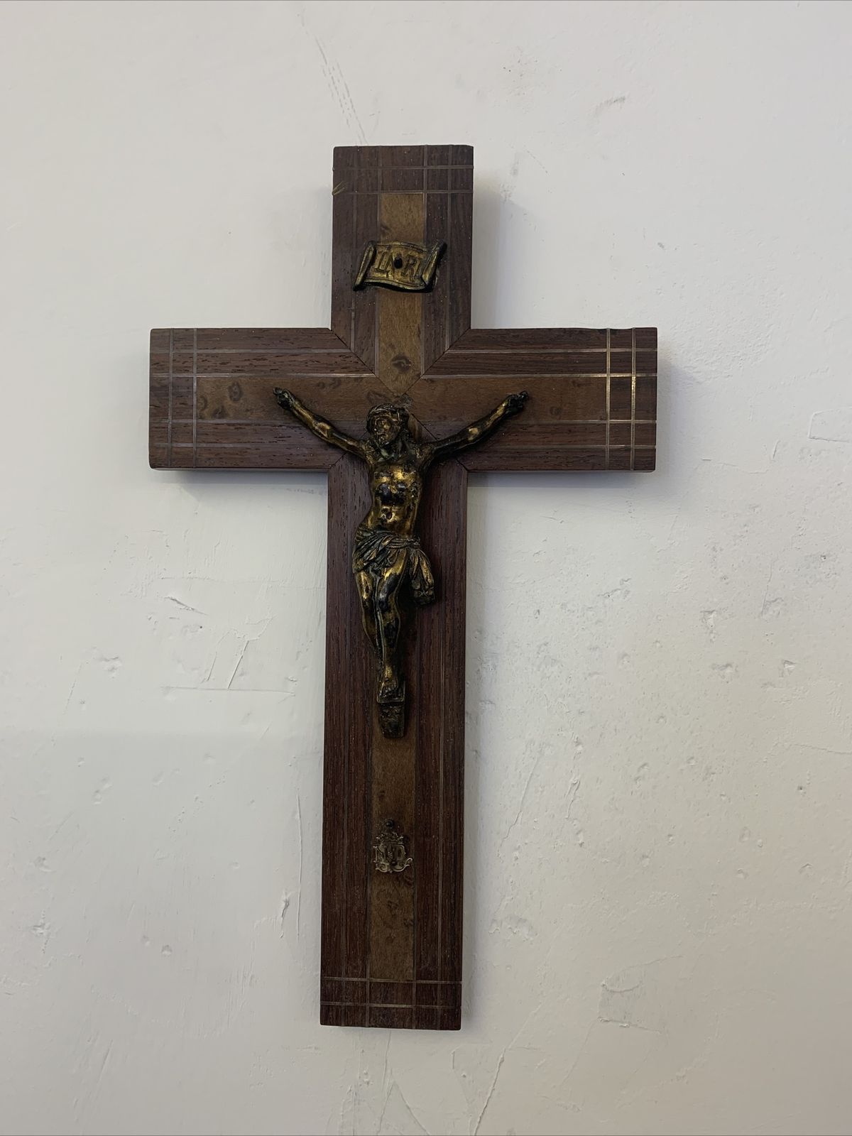 Antique French Oak Walnut And Brass Inlay Crucifix Fabulous Quality photo Home Decor