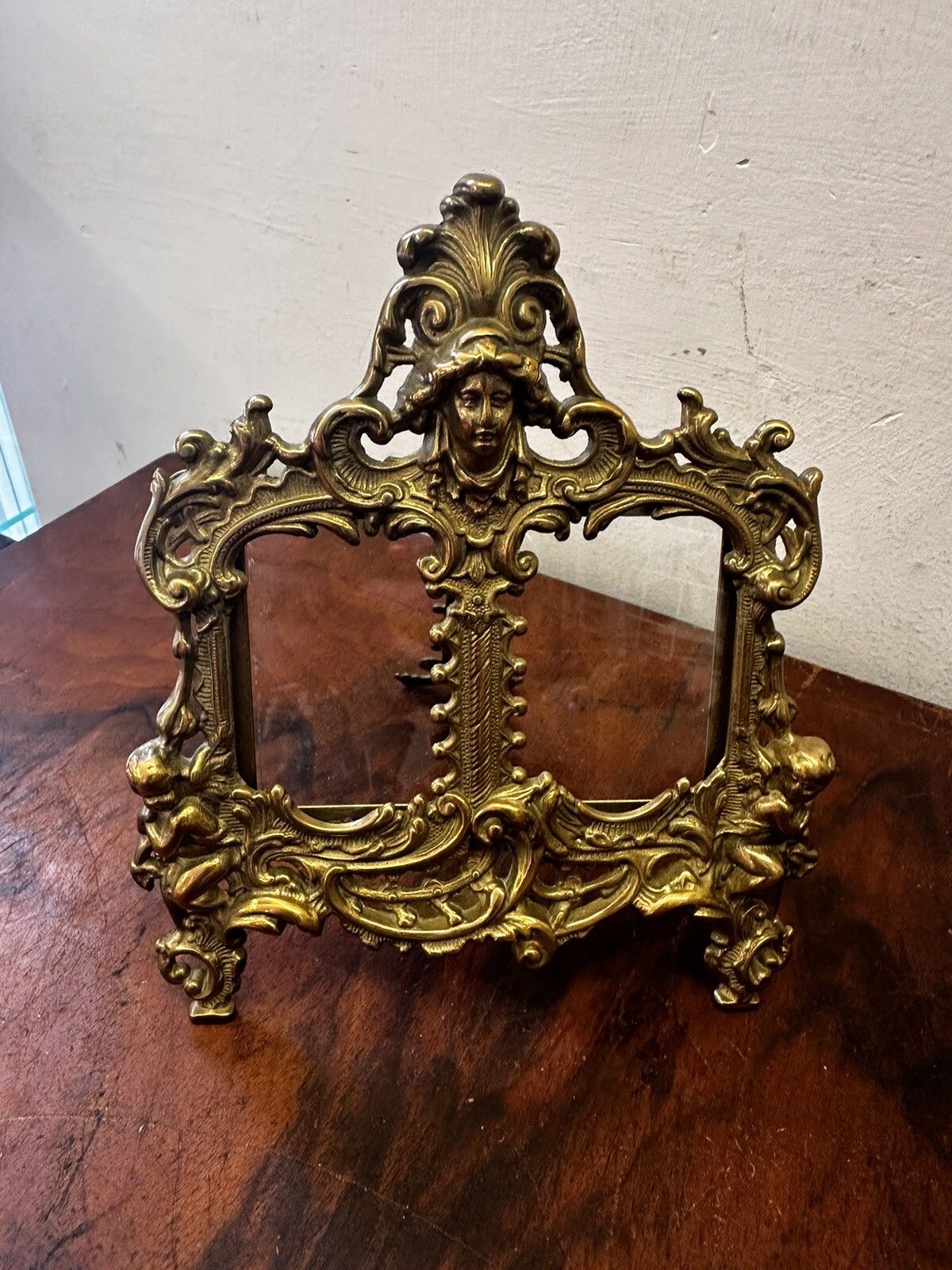 Superb Brass Cherub Putti Medusa Twin Rococo Easel Glazed Photo Frame photo furniture