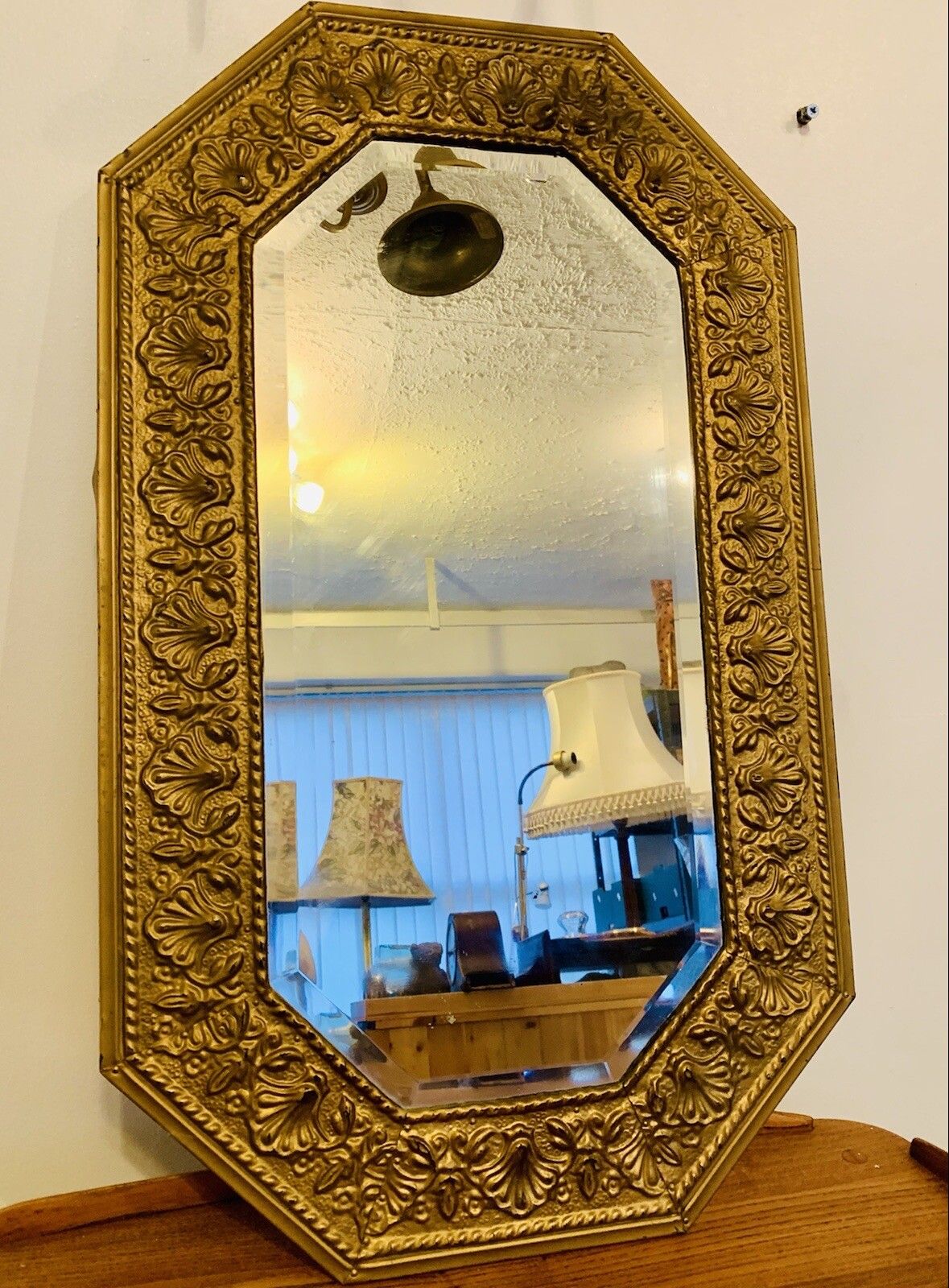 Mid Century French Embossed Metal Gold Ornate Mirror  Bevelled 76cm By 46cm