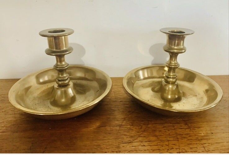 Antique Original Georgian Superb Pair Of Chamber Sticks Heavy Brass 1600 Grams