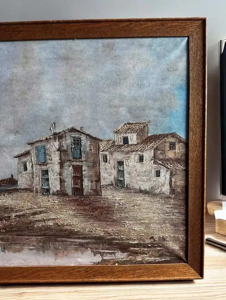 Mid Century Signed Oil Nautical Spanish Harbour Fishing Scene 70cm By 56cm photo 95.0