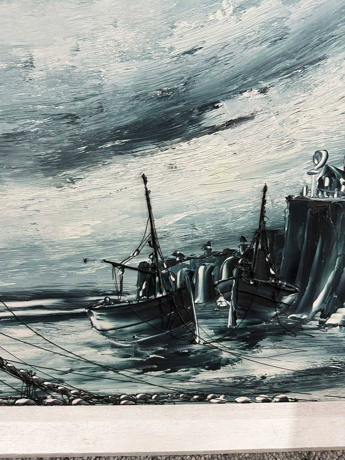 Mid Century Original Signed Fishing Nautical Maritime Scene 80cm By 48cm photo 150.0