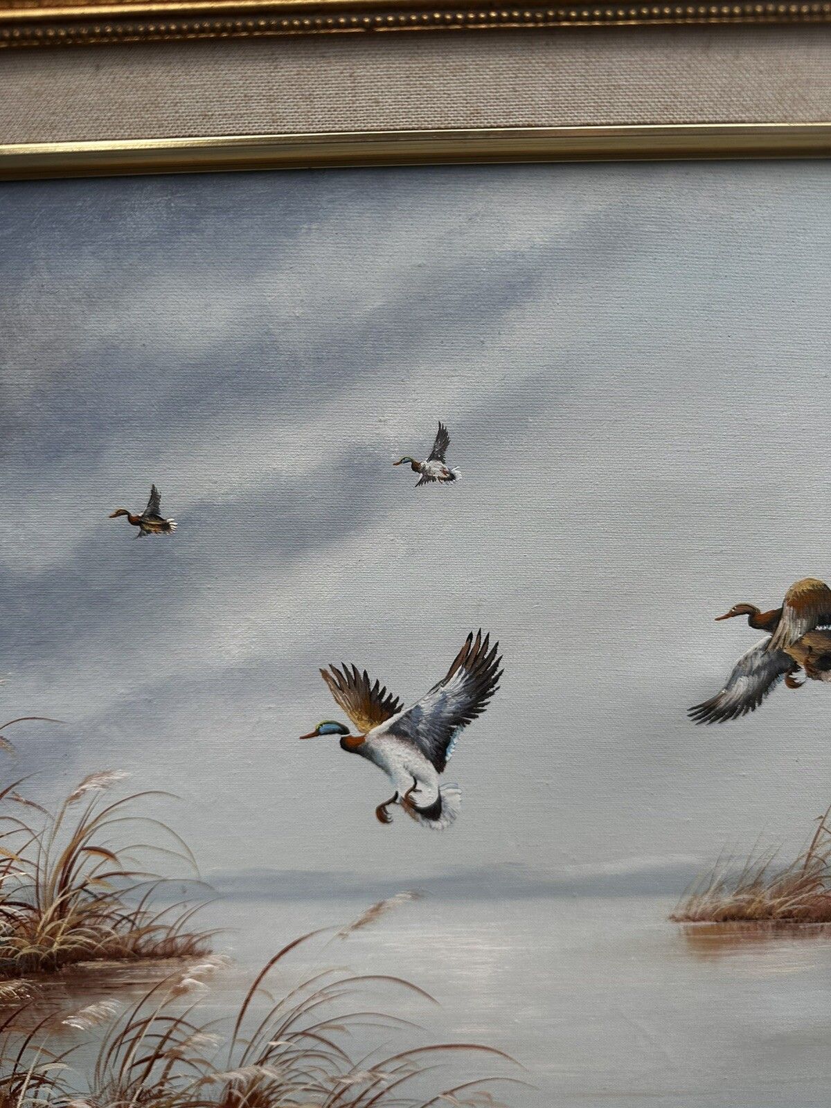 Mid Century  Signed Oil Painting On Canvas Landscape W/Ducks In Flight 60x50cm photo 85.0
