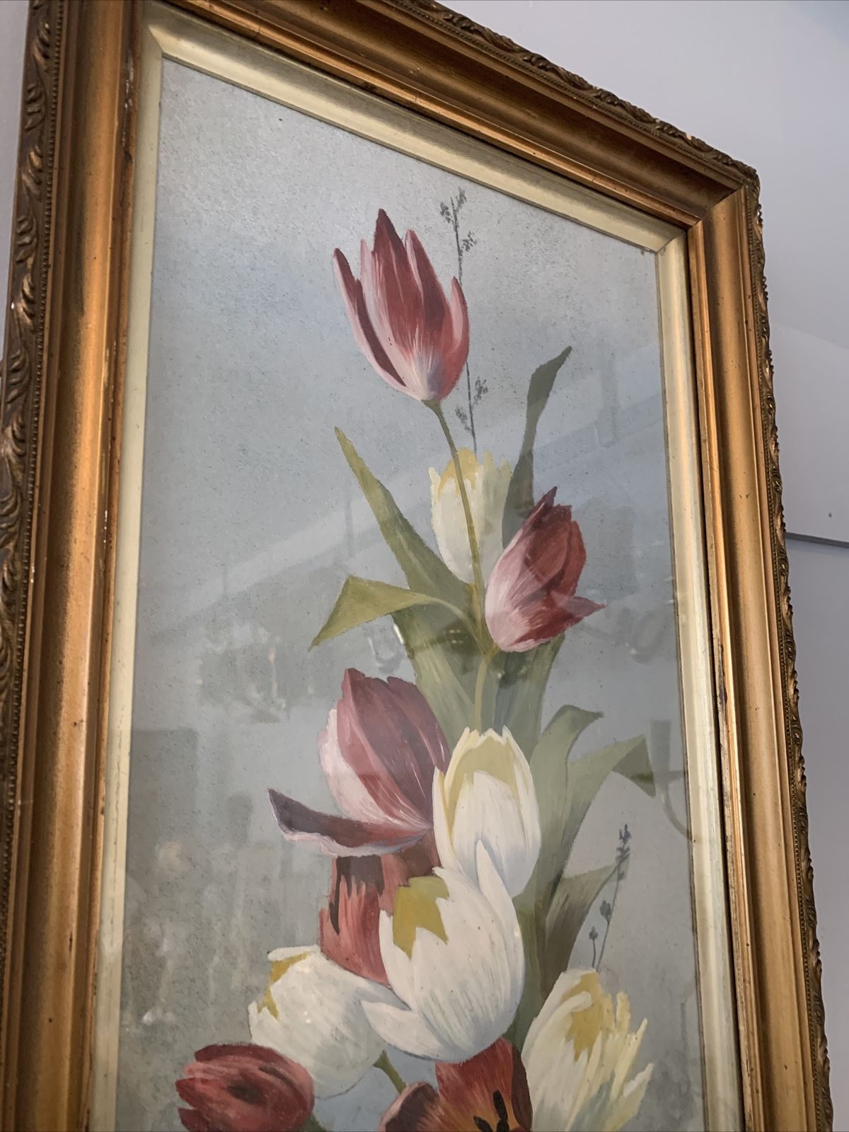Antique Painting On Canvas Tulips   Ornate Gilt Frame  Signed 70cm By 40cm photo Art