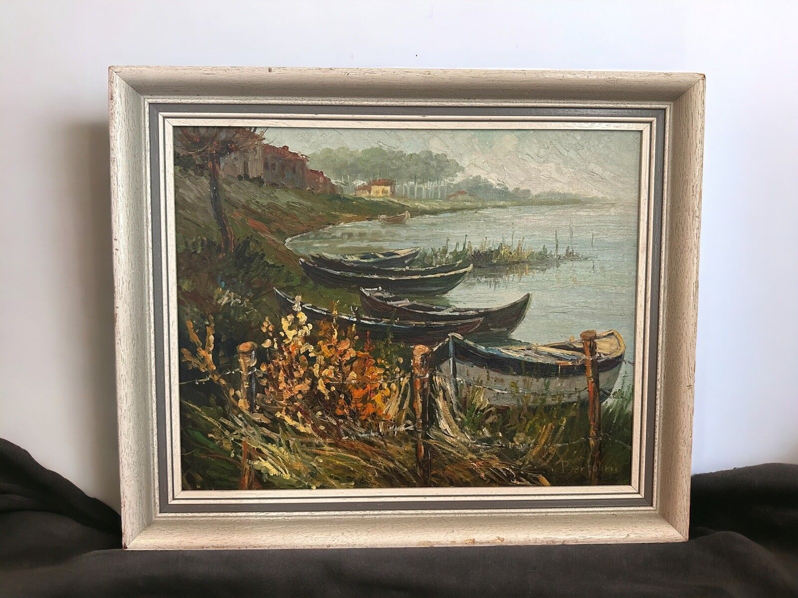 Mid Century Painting  Canvas Nautical Fishing Boat Scene Signed Bertolini