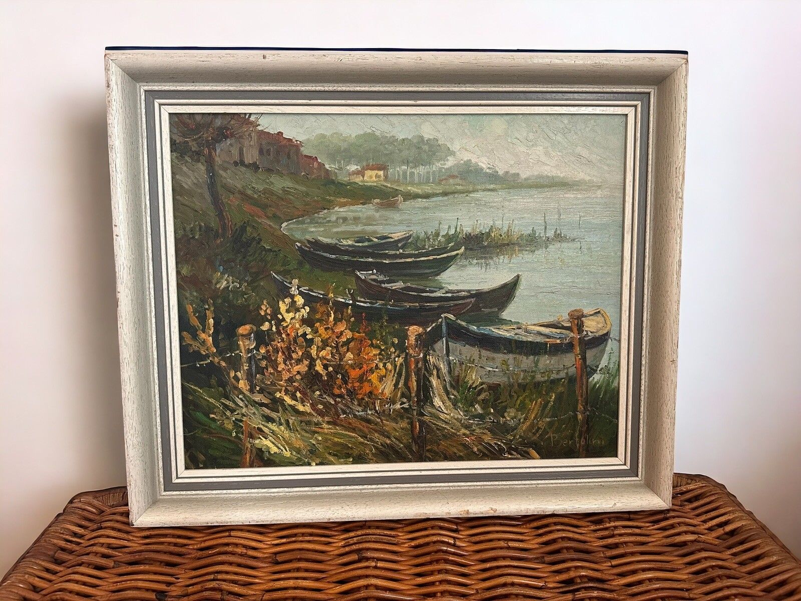 Mid Century Painting  Canvas Nautical Fishing Boat Scene Signed Bertolini photo furniture