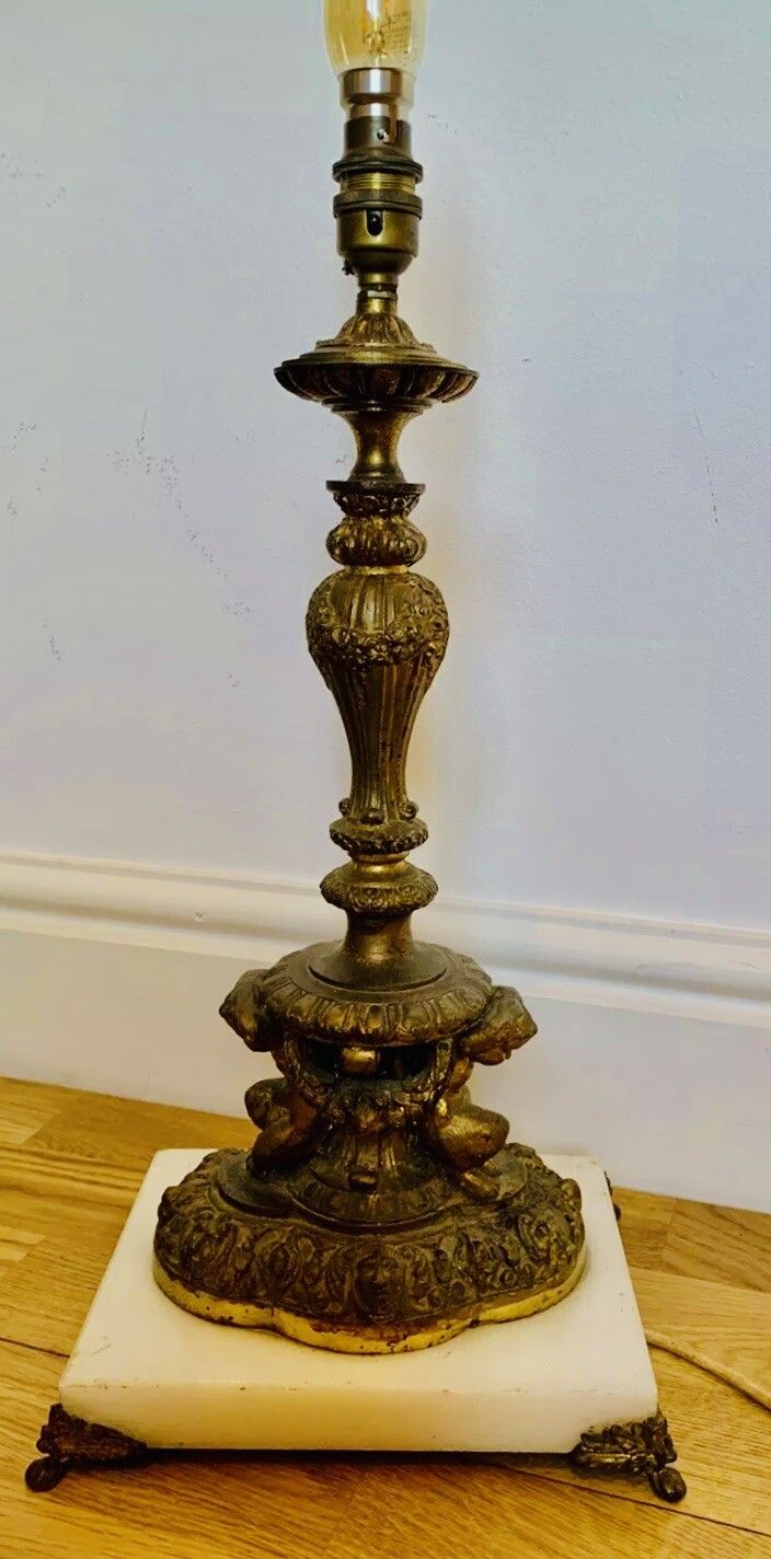 Antique Exquisite French Huge Bronze And Marble Cherub Table Lamp photo furniture