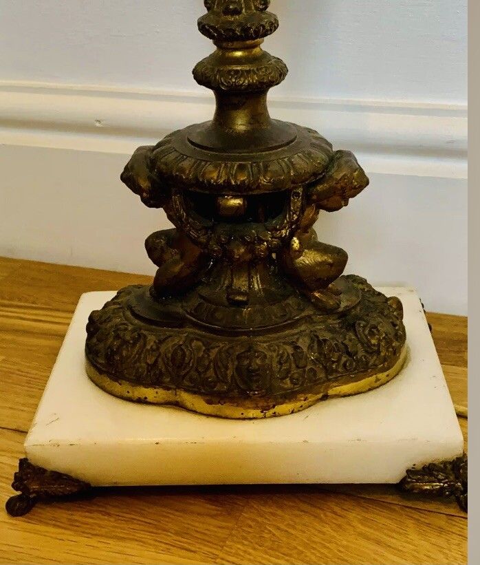 Antique Exquisite French Huge Bronze And Marble Cherub Table Lamp photo for sale
