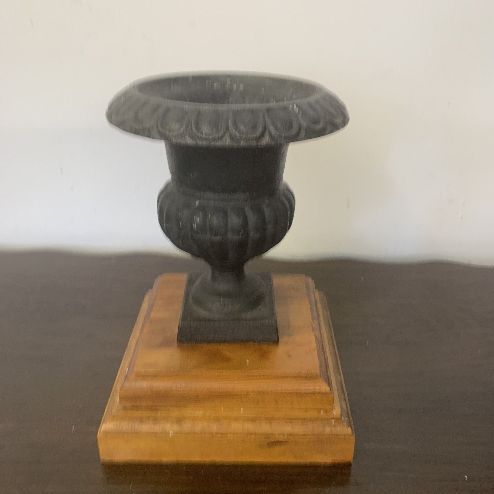 Antique Vintage Cast Iron Miniature Medici Urn On Wooden Plinth