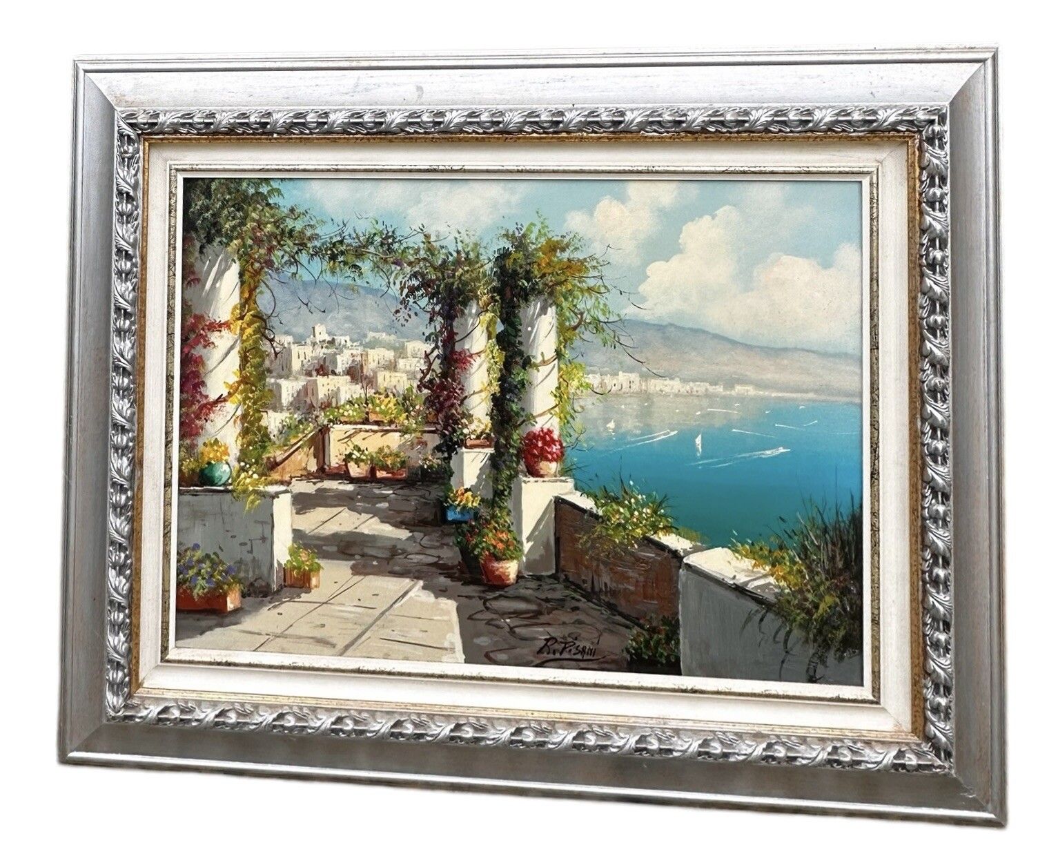Amalfi Coast Landscape Seascape Bay Of Capri Large '70s Oil Painting 96cm Length photo furniture