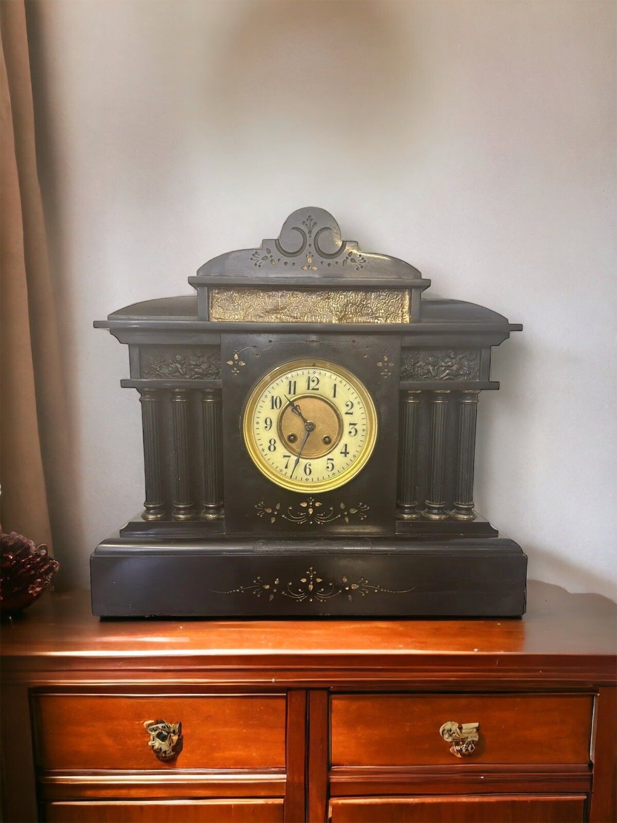 Antique Victorian French Huge Marble Slate Architectural Mantle Clock