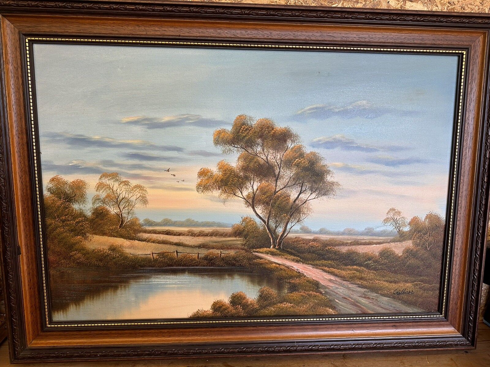 Mid Century Large Oil On Canvas Signed  Landscape Flying Duck Scene 91x66cm photo for sale