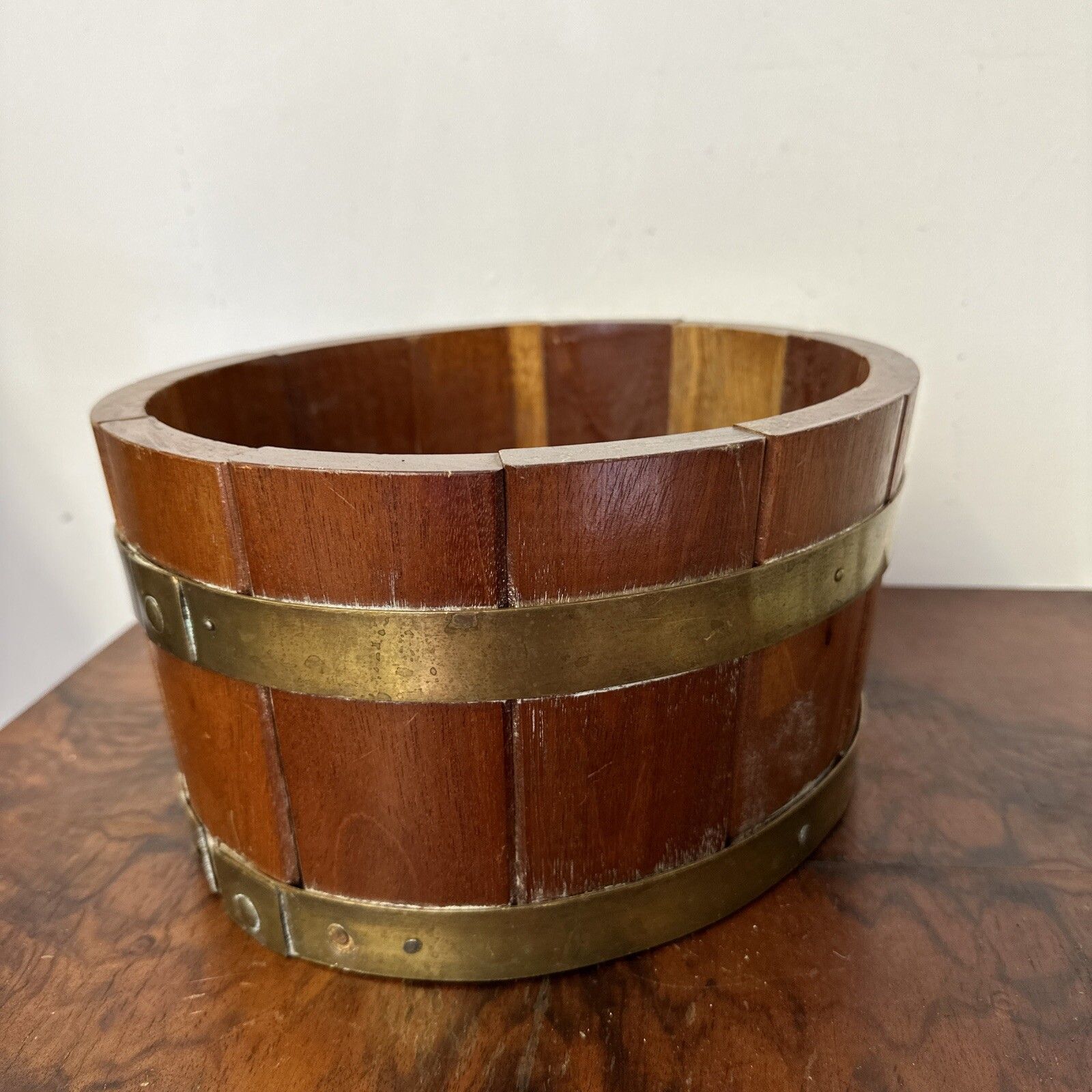 19th C Mahogany Oval Wooden Brass Bound Planter