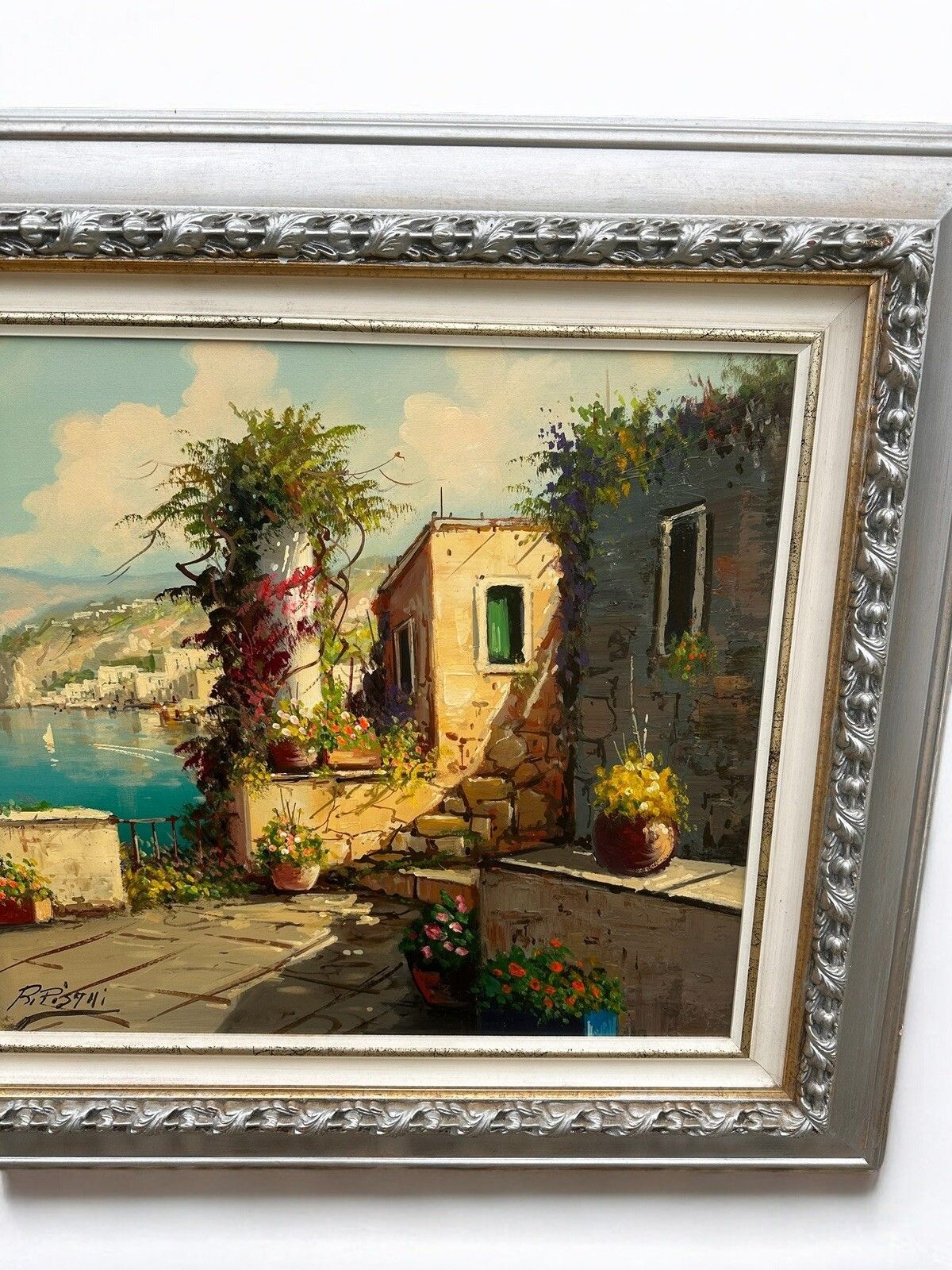 Amalfi Coast Landscape Seascape Bay Of Capri Large '70s Oil Painting 96cm Length photo 225.0