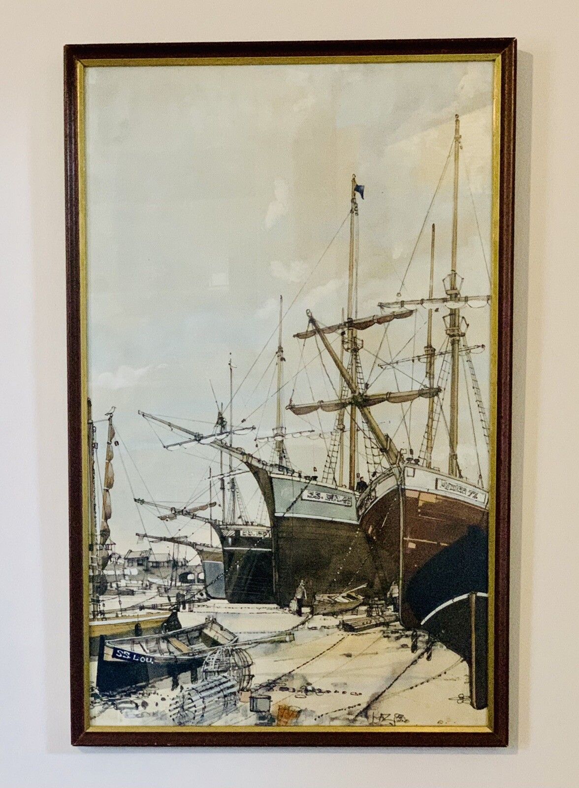 Fine Vintage Mixed Media Painting Harbour Boating Scene Signed By Artist