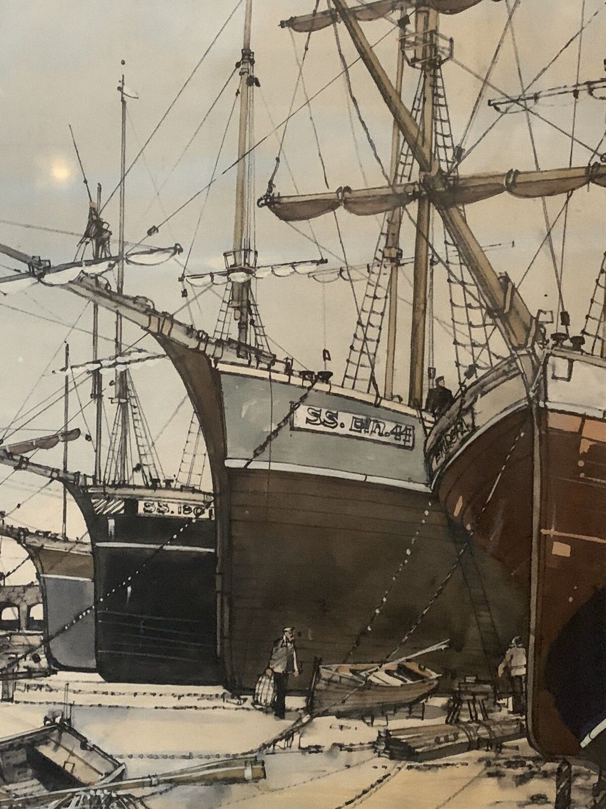 Fine Vintage Mixed Media Painting Harbour Boating Scene Signed By Artist photo Art