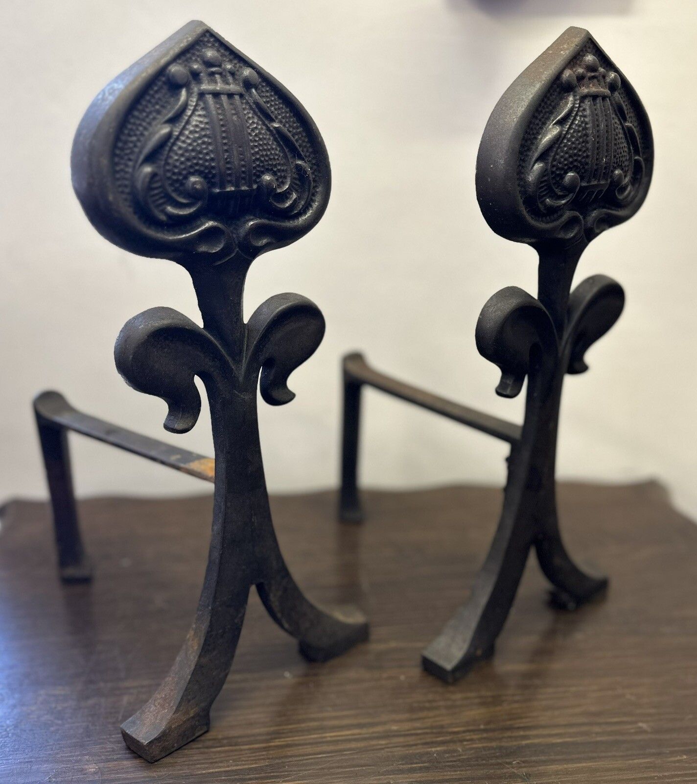Superb Pair Of Antique Art Nouveau Heart Motif Iron Fireside Fire Dogs Andirons photo furniture