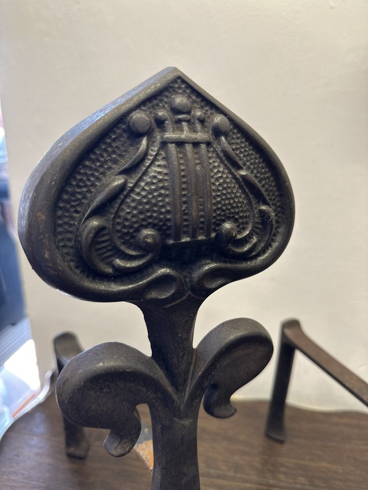 Superb Pair Of Antique Art Nouveau Heart Motif Iron Fireside Fire Dogs Andirons photo for sale