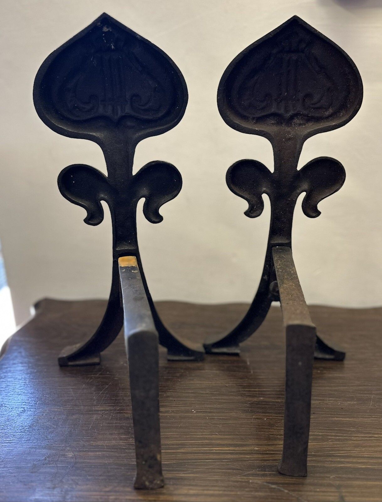 Superb Pair Of Antique Art Nouveau Heart Motif Iron Fireside Fire Dogs Andirons photo Home Fixtures