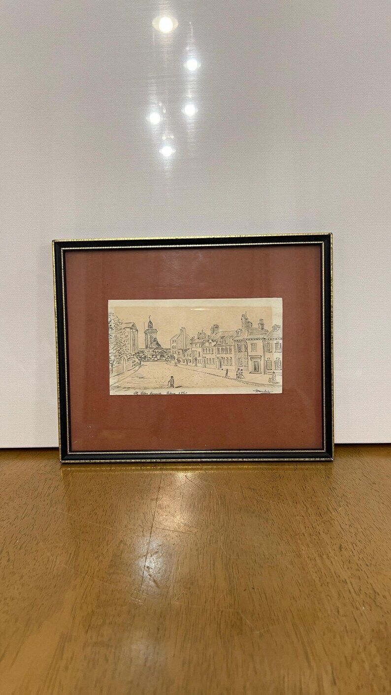 1861 Signed Pencil Drawing Of St. Giles Square – Framed Antique Artwork photo furniture