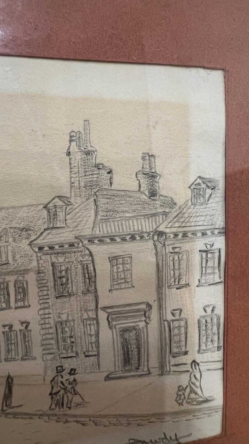1861 Signed Pencil Drawing Of St. Giles Square – Framed Antique Artwork photo vintage