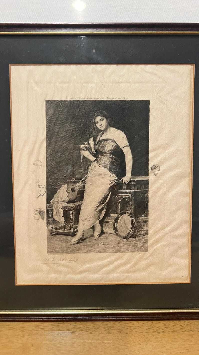1889 Signed Etching "Tambourine Girl" By Ricardo De Los Ríos – Framed Antique Print photo for sale