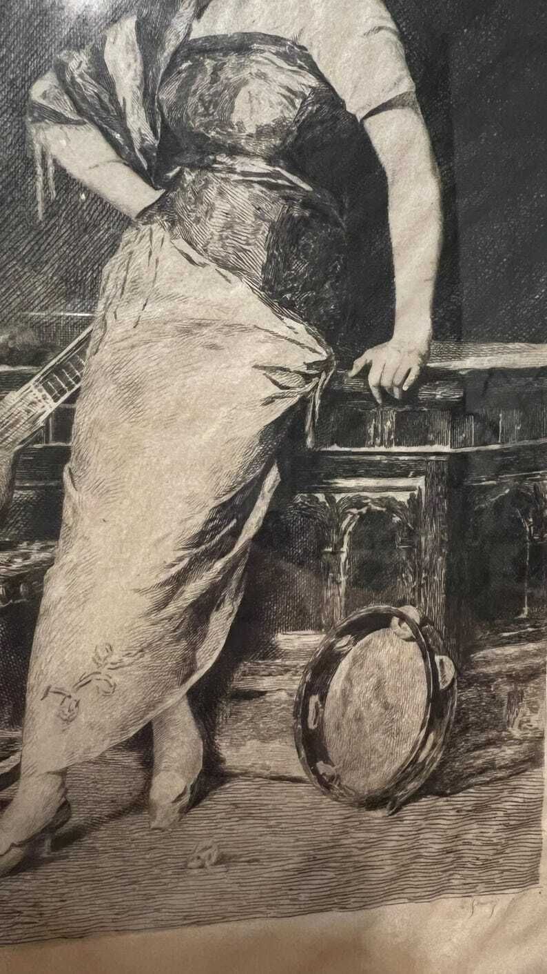 1889 Signed Etching "Tambourine Girl" By Ricardo De Los Ríos – Framed Antique Print photo buy