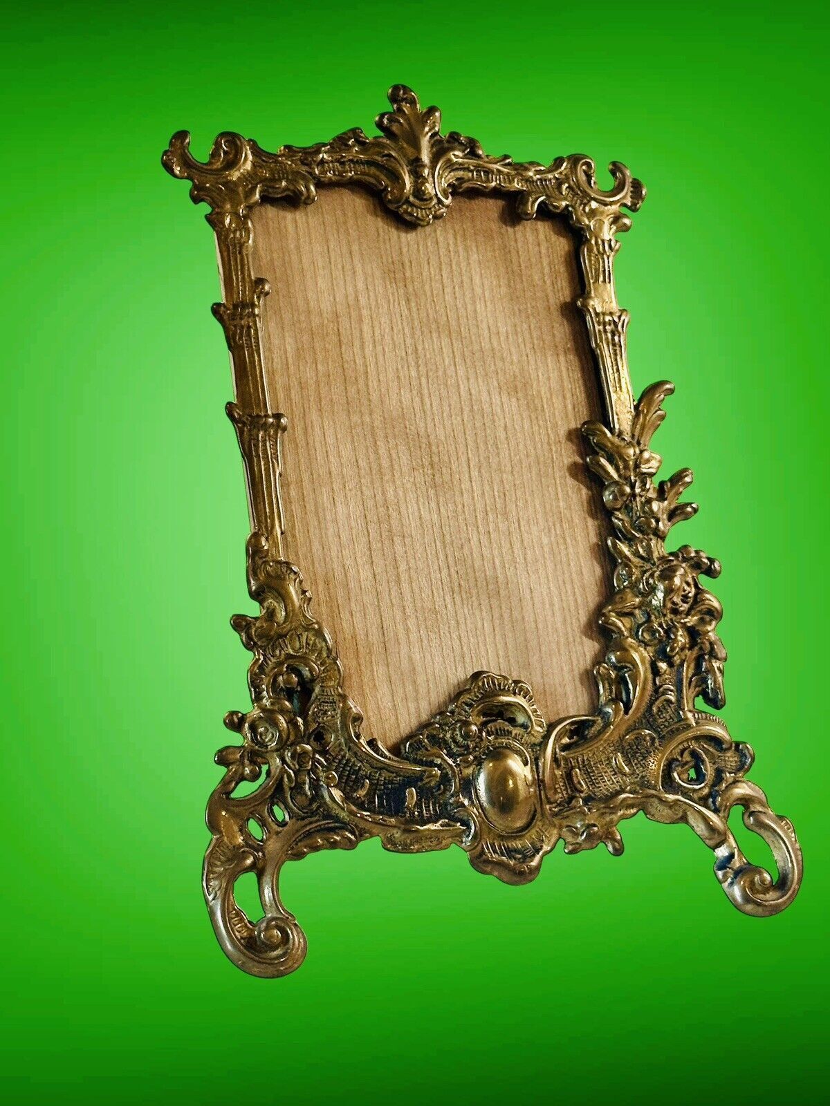 Old Ornate Baroque Style Brass Photo Frame On Easel Stand And Glazed