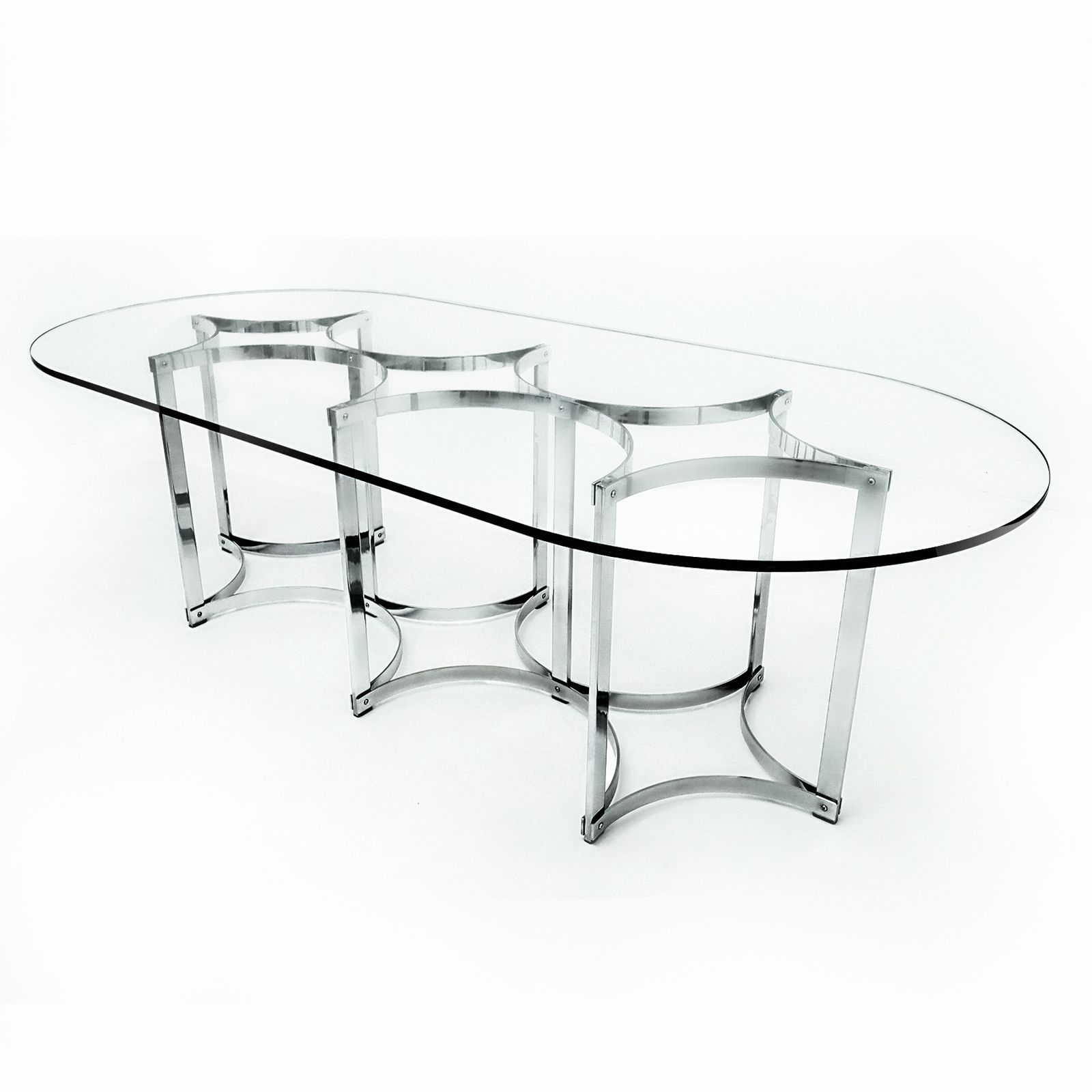 photo vinterior Vintage Chrome And Glass Dining Table And 8 Matching Leather Chairs By Richard Young For Merrow Associates