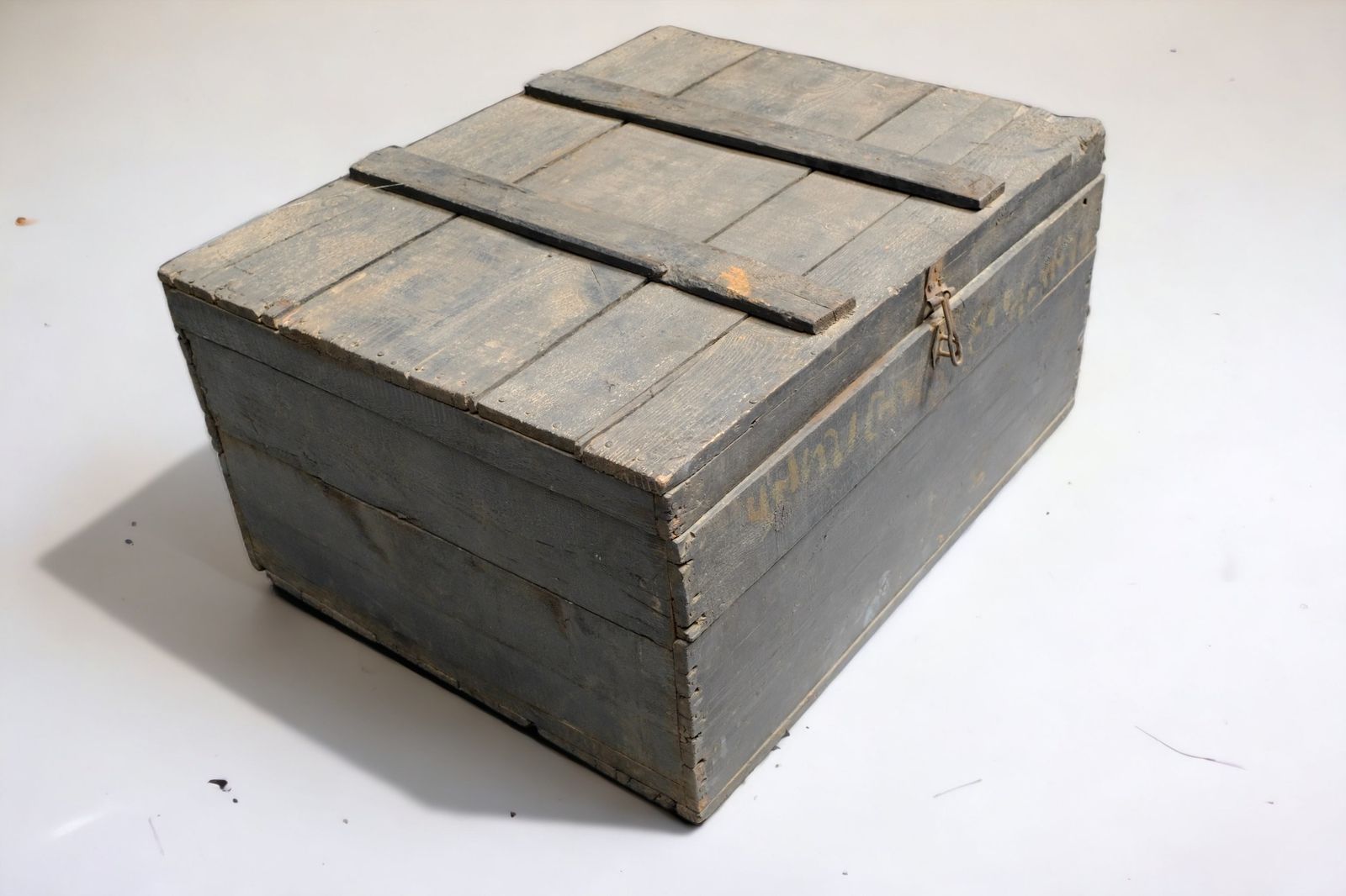 Antique 1950s Indian Steamer Trunk | Wooden Travel Chest From Gujarat With Iron Hardware & Faded Painted Markings photo furniture
