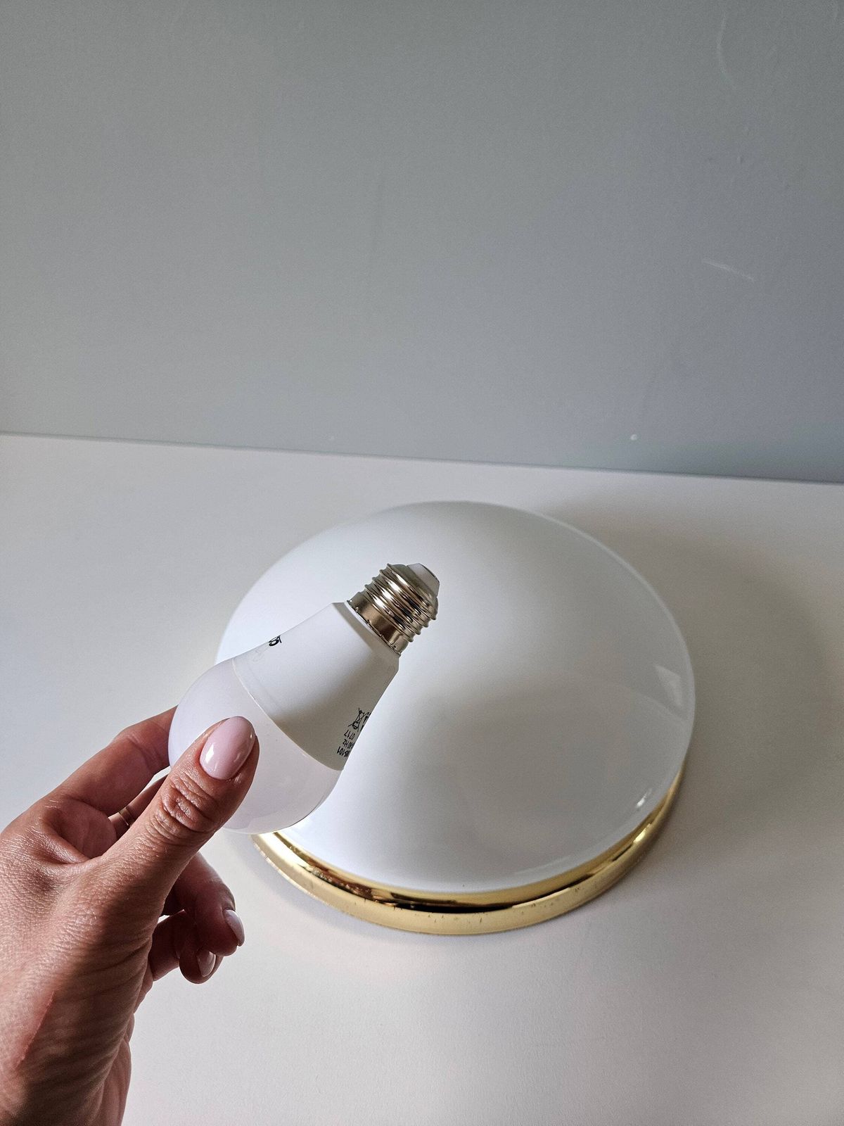 photo furniture Large Vintage Glass Flush Mount Ceiling Light, Glossy White Glass Wall Lamp, Glass Ceiling Lamp, 80's Lampsp, Brass Lamp