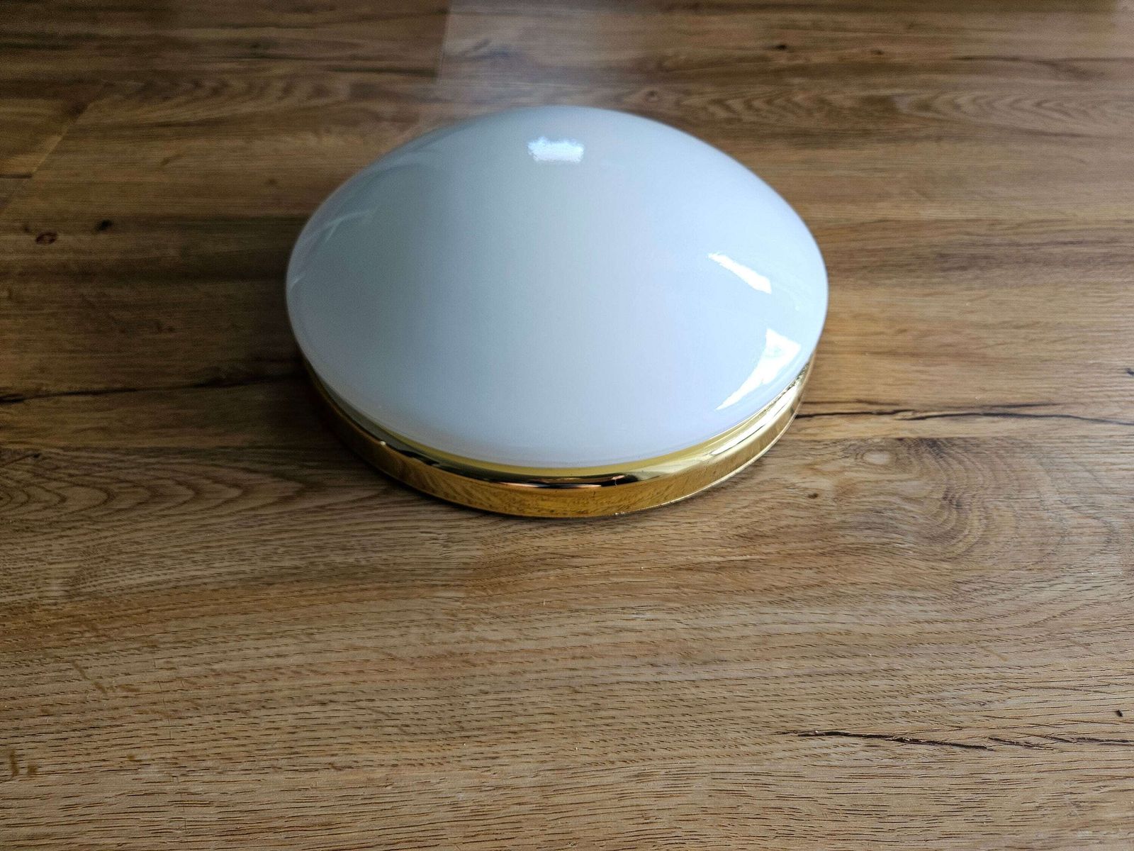 photo for sale Large Vintage Glass Flush Mount Ceiling Light, Glossy White Glass Wall Lamp, Glass Ceiling Lamp, 80's Lampsp, Brass Lamp