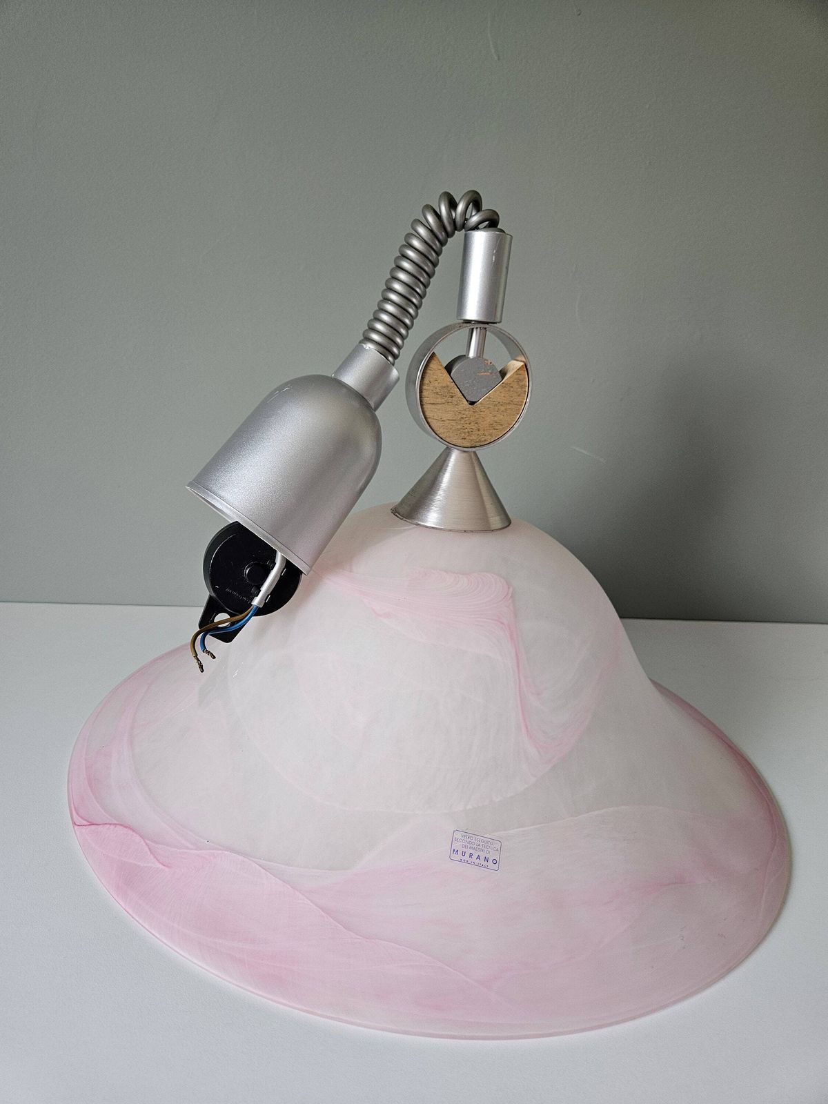 Vintage Murano Glass Pendant Light, Italian Design Swirl Pattern In White And Pink, 70's 80's, Mid Century Ceiling Lamp, Chandelier photo Lighting