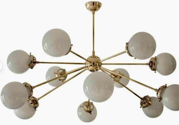 Sputnik Chandelier In Brass With 12 Opaline Spheres