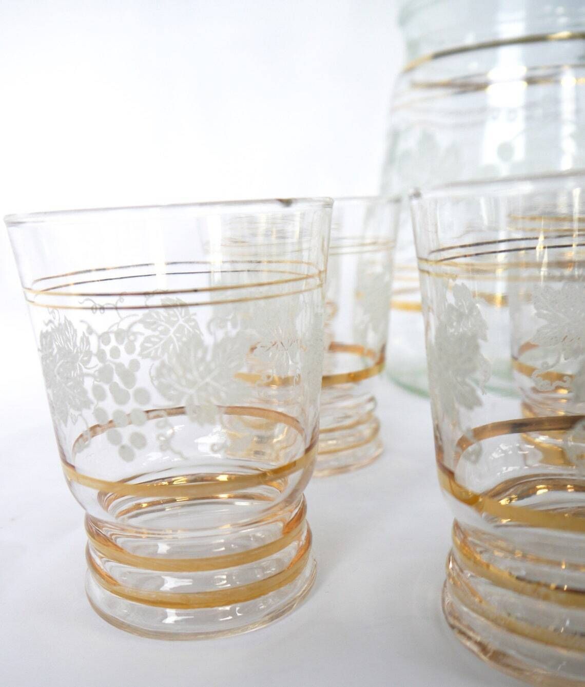Glass Jug And 6 Tumblers Set Glass Pitcher And 6 Glasses Vine Leaf Pattern Jug And Glasses Pitcher And Drinking Set photo for sale